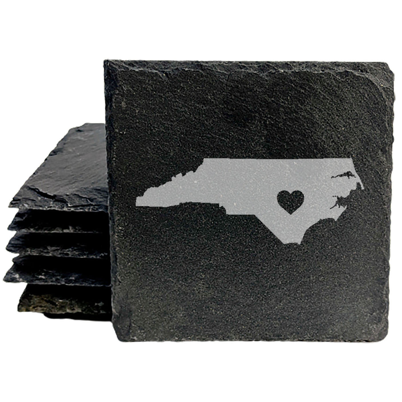 Rustic Slate Coasters Set of 4, Round 4" with North Carolina Heart Design, Perfect for Holidays, Birthdays, Housewarming Gifts, She-Shed or Man Cave, Made in Oregon, USA, Natural Chipped Edge