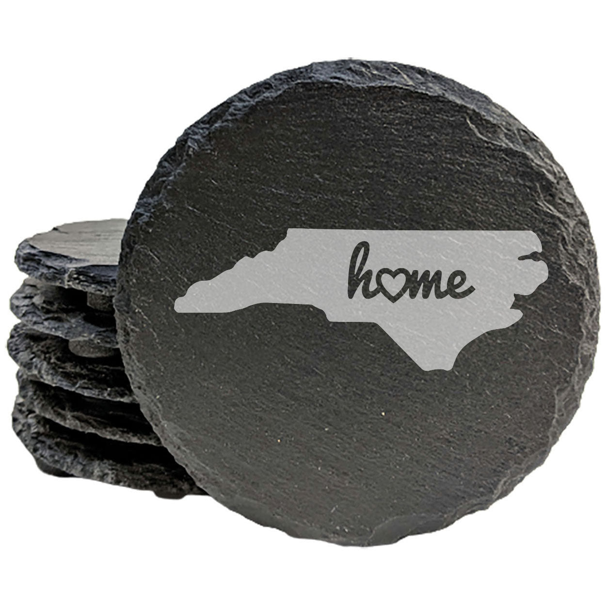 Rustic Slate Coasters Set of 4 - North Carolina 'Home' Design - Perfect for Holidays, Birthdays, Housewarming - Round 4" - Natural Chipped Edge, Rubber Feet - Made in Oregon, USA - Gift Boxed