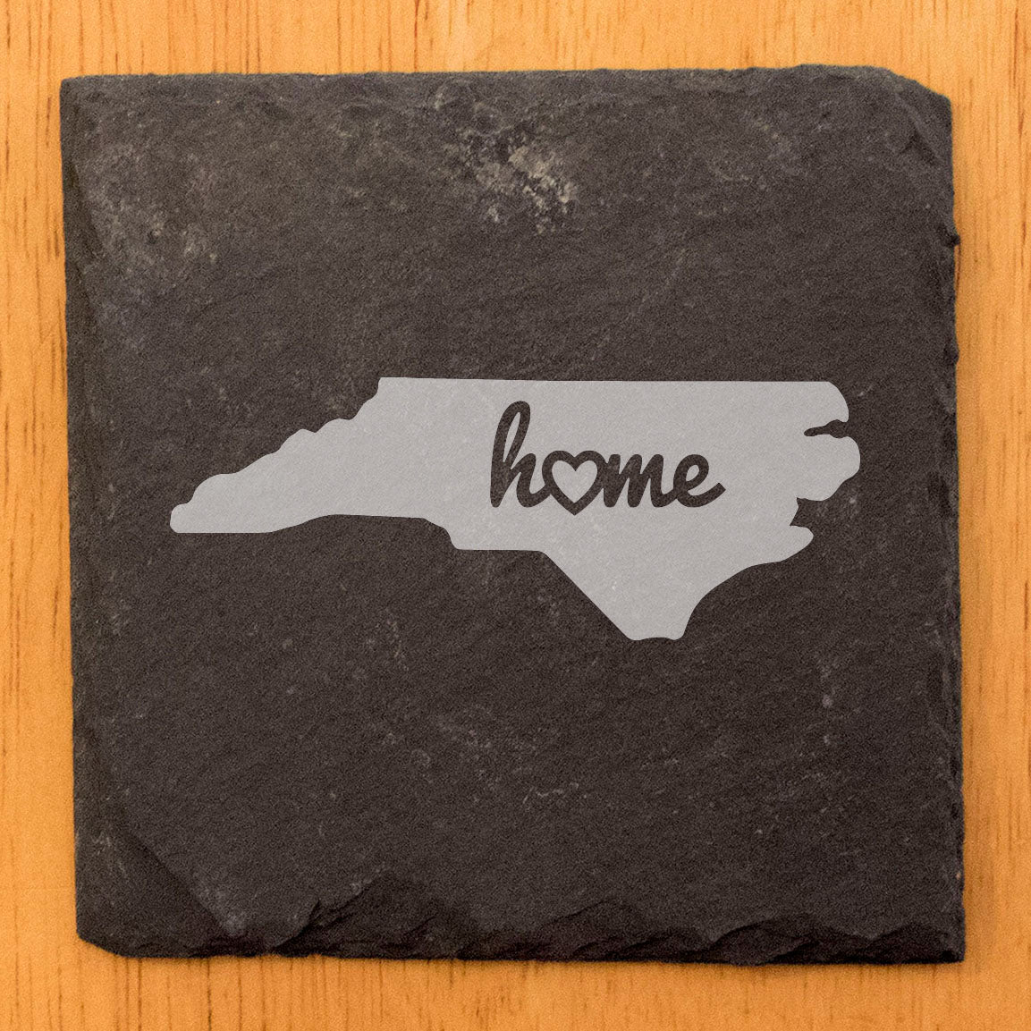 Rustic Slate Coasters Set of 4 - North Carolina 'Home' Design - Perfect for Holidays, Birthdays, Housewarming - Round 4" - Natural Chipped Edge, Rubber Feet - Made in Oregon, USA - Gift Boxed