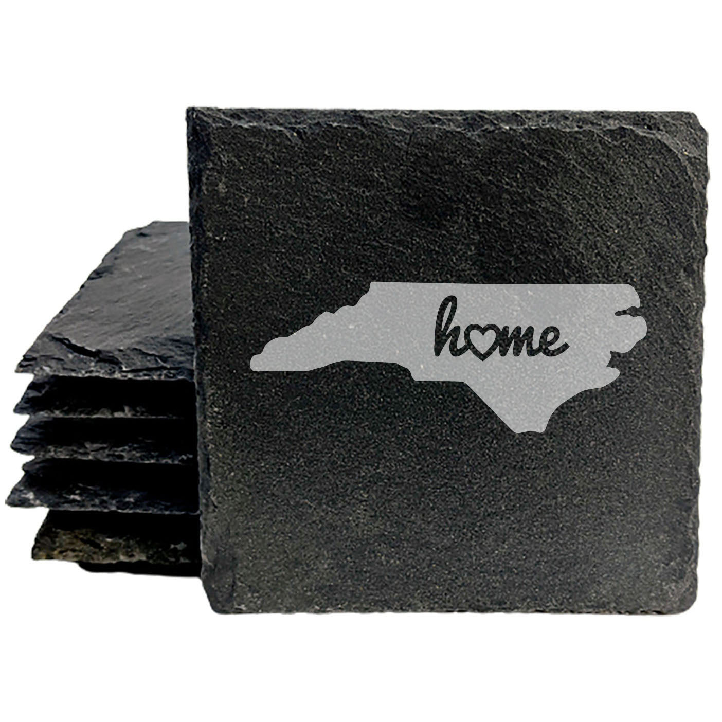 Rustic Slate Coasters Set of 4 - North Carolina 'Home' Design - Perfect for Holidays, Birthdays, Housewarming - Round 4" - Natural Chipped Edge, Rubber Feet - Made in Oregon, USA - Gift Boxed