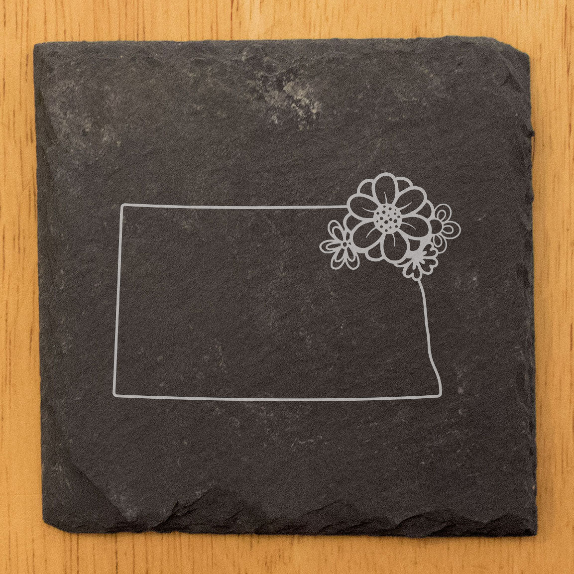 Rustic Slate Coasters Set of 4 - North Dakota Design, 4" Round/Square, Natural Chipped Edge, Rubber Feet, - Perfect for Holidays, Birthdays, Housewarming - Made in Oregon, USA