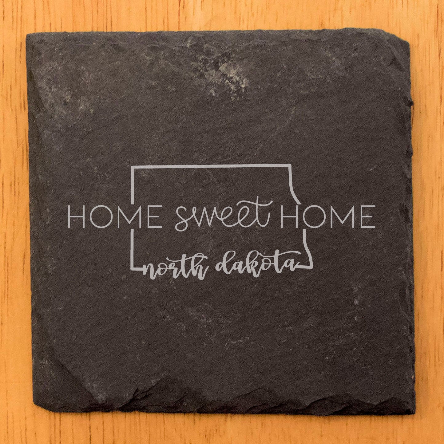 Rustic Slate Coasters Set of 4, Round 4" with 'Home Sweet Home' North Dakota Design, Perfect Gift for Holidays, Birthdays, Housewarming, She-Shed, Man Cave, Made in Oregon, USA, Natural Edge
