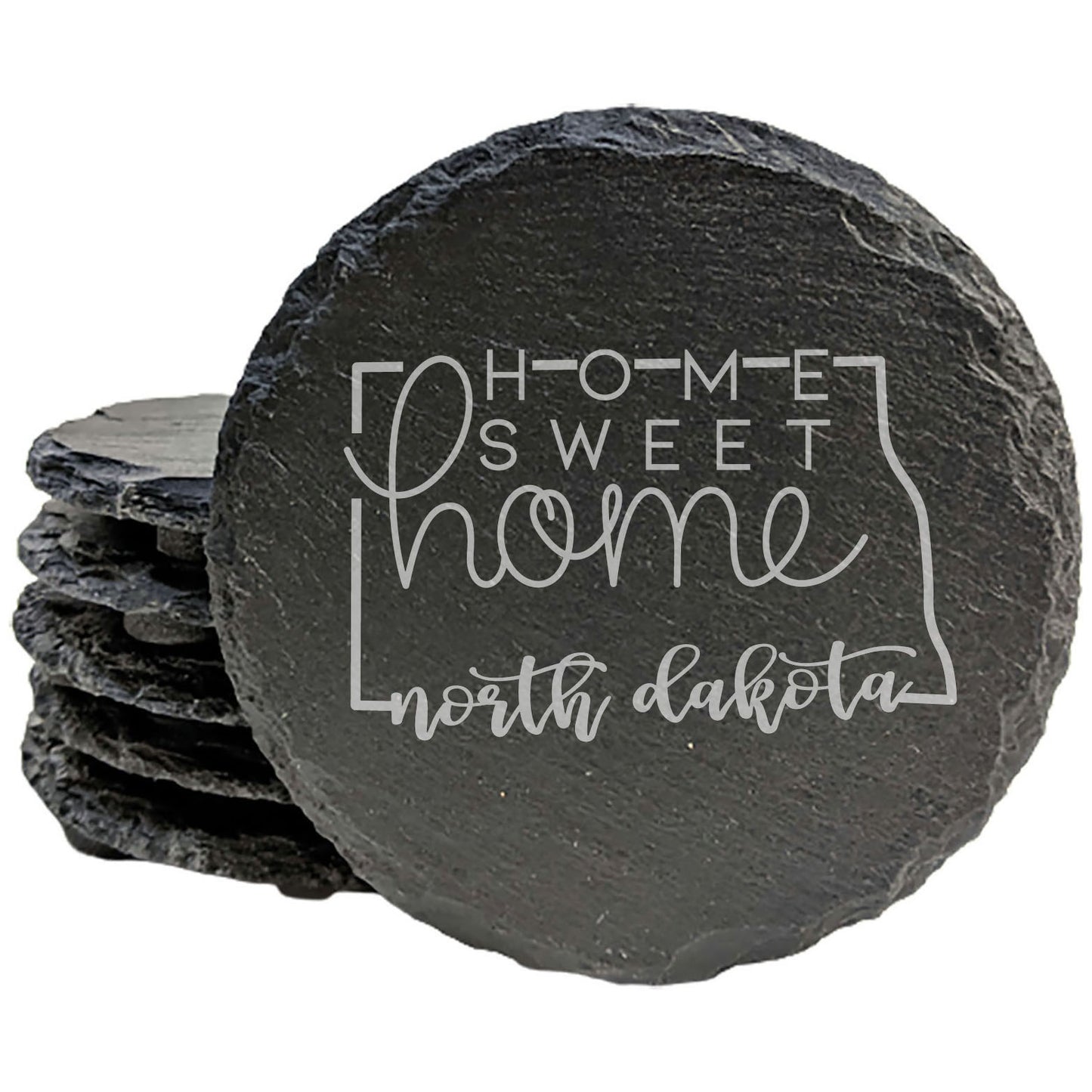 Rustic Slate Coasters Set of 4, Round 4" with North Dakota 'Home Sweet Home' Design, Perfect for Holidays, Birthdays, Housewarming Gifts, Made in Oregon, USA, Natural Chipped Edge, Rubber Feet