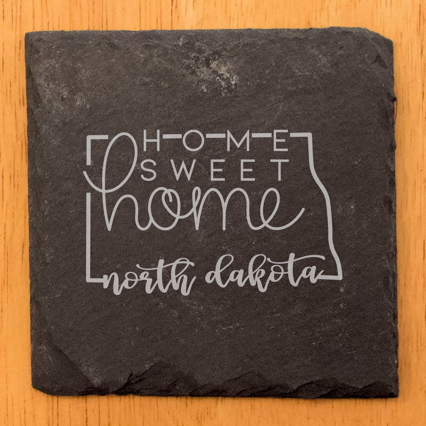 Rustic Slate Coasters Set of 4, Round 4" with North Dakota 'Home Sweet Home' Design, Perfect for Holidays, Birthdays, Housewarming Gifts, Made in Oregon, USA, Natural Chipped Edge, Rubber Feet