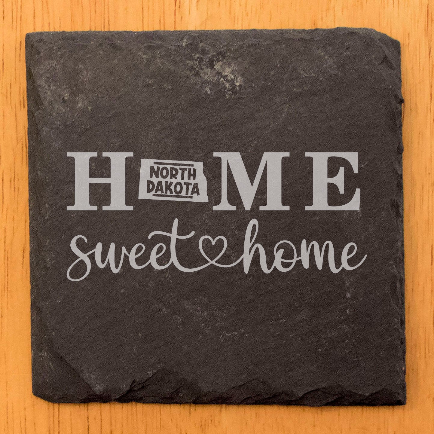 Rustic Slate Coasters Set of 4, Laser Etched 'HOME SWEET HOME' Design, North Dakota Shape, Perfect Gift for Holidays, Birthdays, Housewarming, She-Shed, Man Cave, Made in Oregon, USA