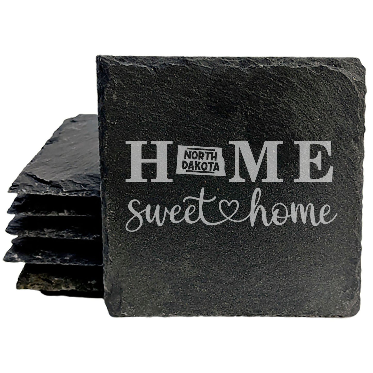 Rustic Slate Coasters Set of 4, Laser Etched 'HOME SWEET HOME' Design, North Dakota Shape, Perfect Gift for Holidays, Birthdays, Housewarming, She-Shed, Man Cave, Made in Oregon, USA
