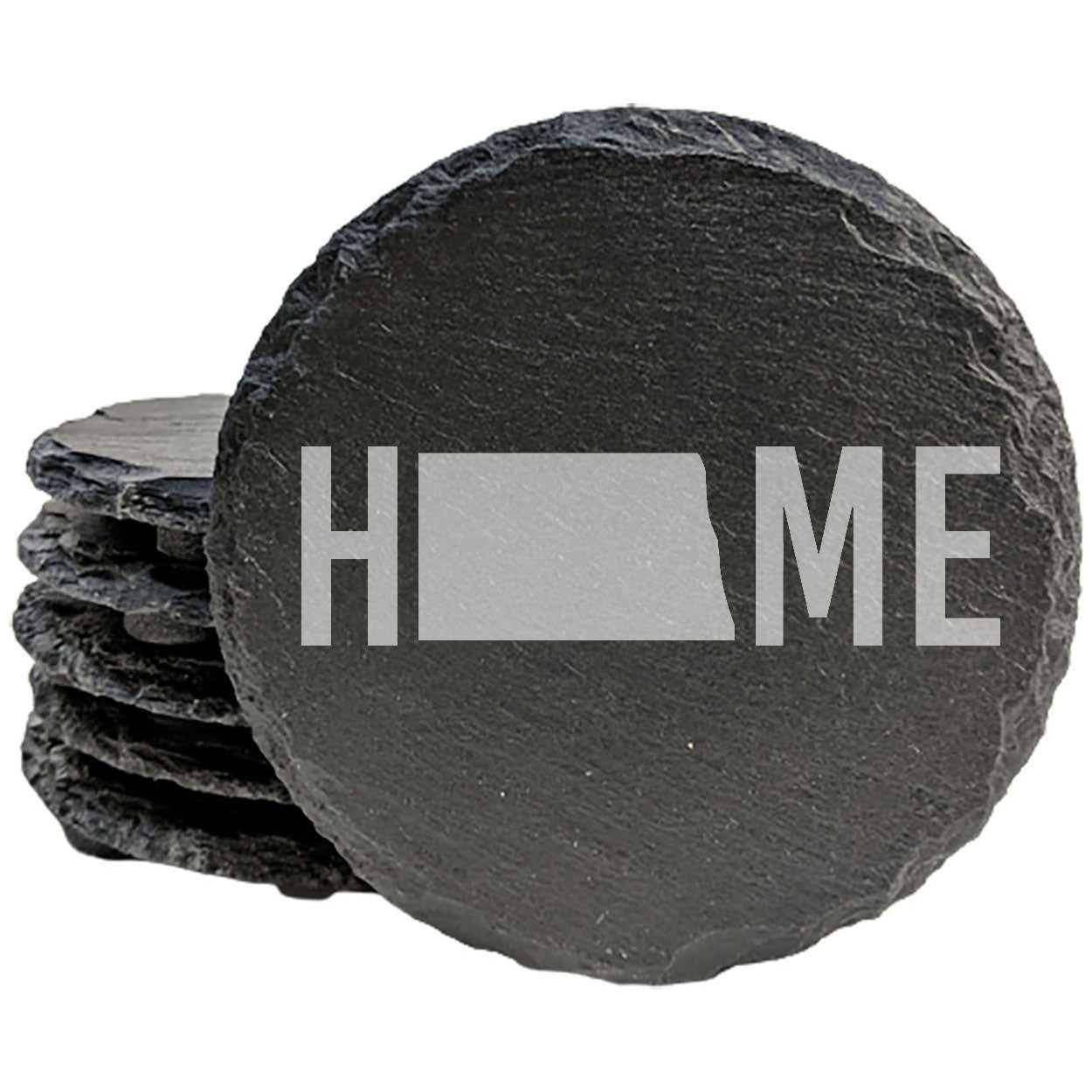 Rustic Slate Coasters Set of 4 - Laser Etched 'HOME' Design with North Dakota Shape - Perfect Gift for Holidays, Birthdays, Housewarming - 4" Round, Natural Chipped Edge, Made in Oregon, USA