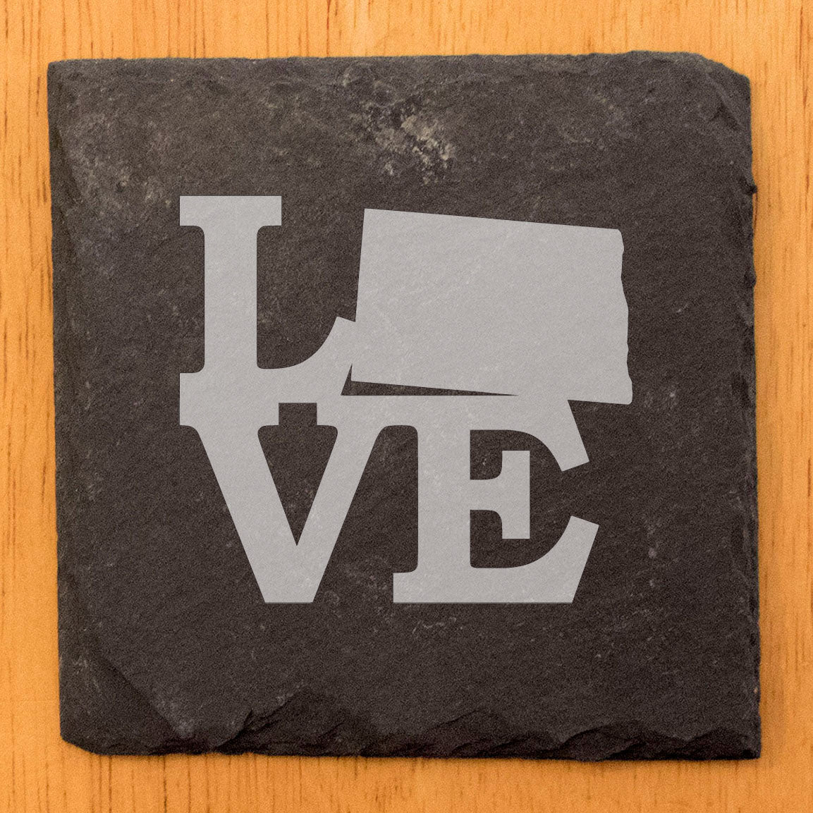 Rustic Slate Coasters Set of 4, Laser Etched 'LOVE' Design with North Dakota, 4" Round, Natural Chipped Edge, Rubber Feet, Perfect Gift for Holidays, Birthdays, Housewarming, Made in USA