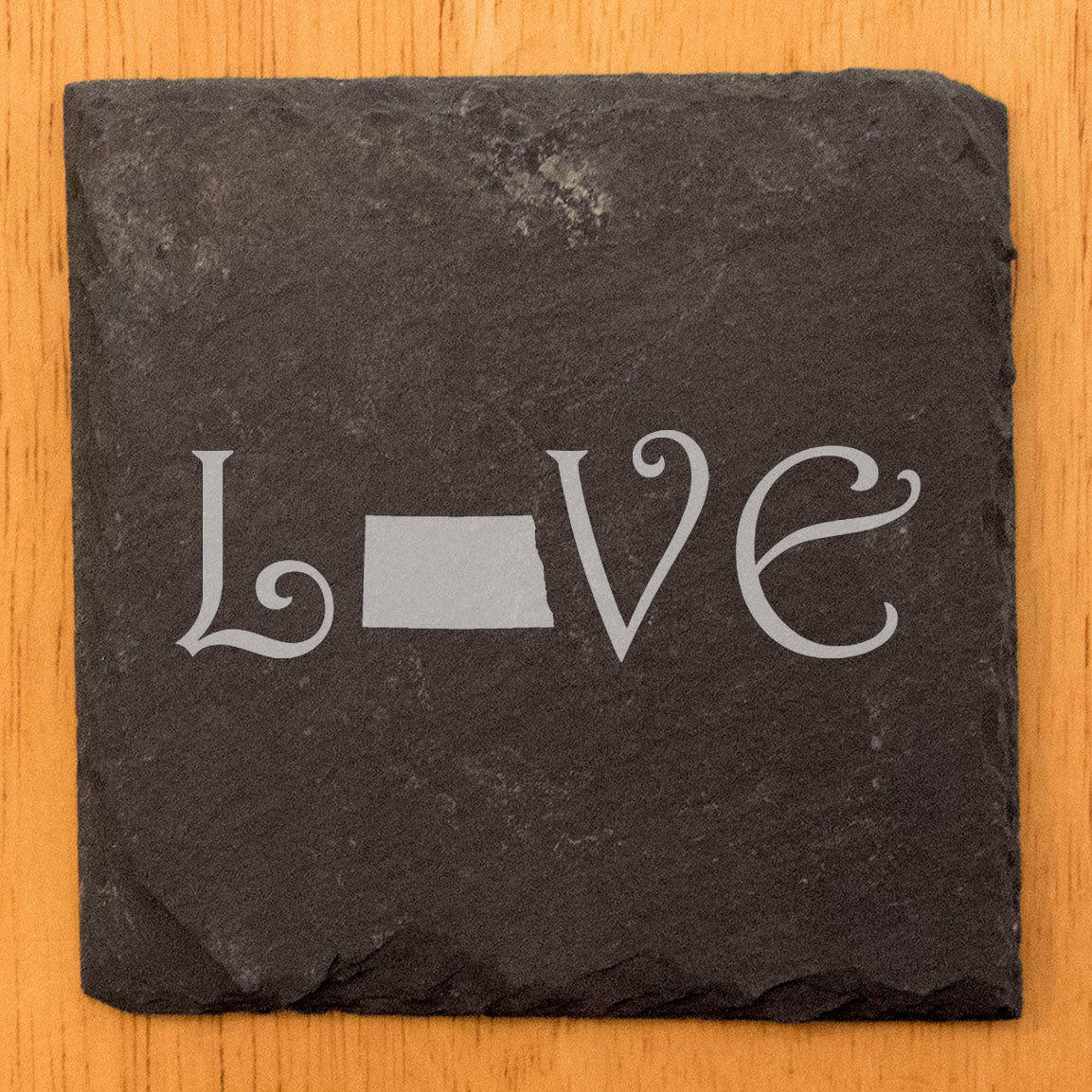 Rustic Slate Coasters Set of 4, Square 4" with 'LOVE' North Dakota Design, Perfect for Holidays, Birthdays, Housewarming, She-Shed or Man Cave, Made in Oregon, USA,