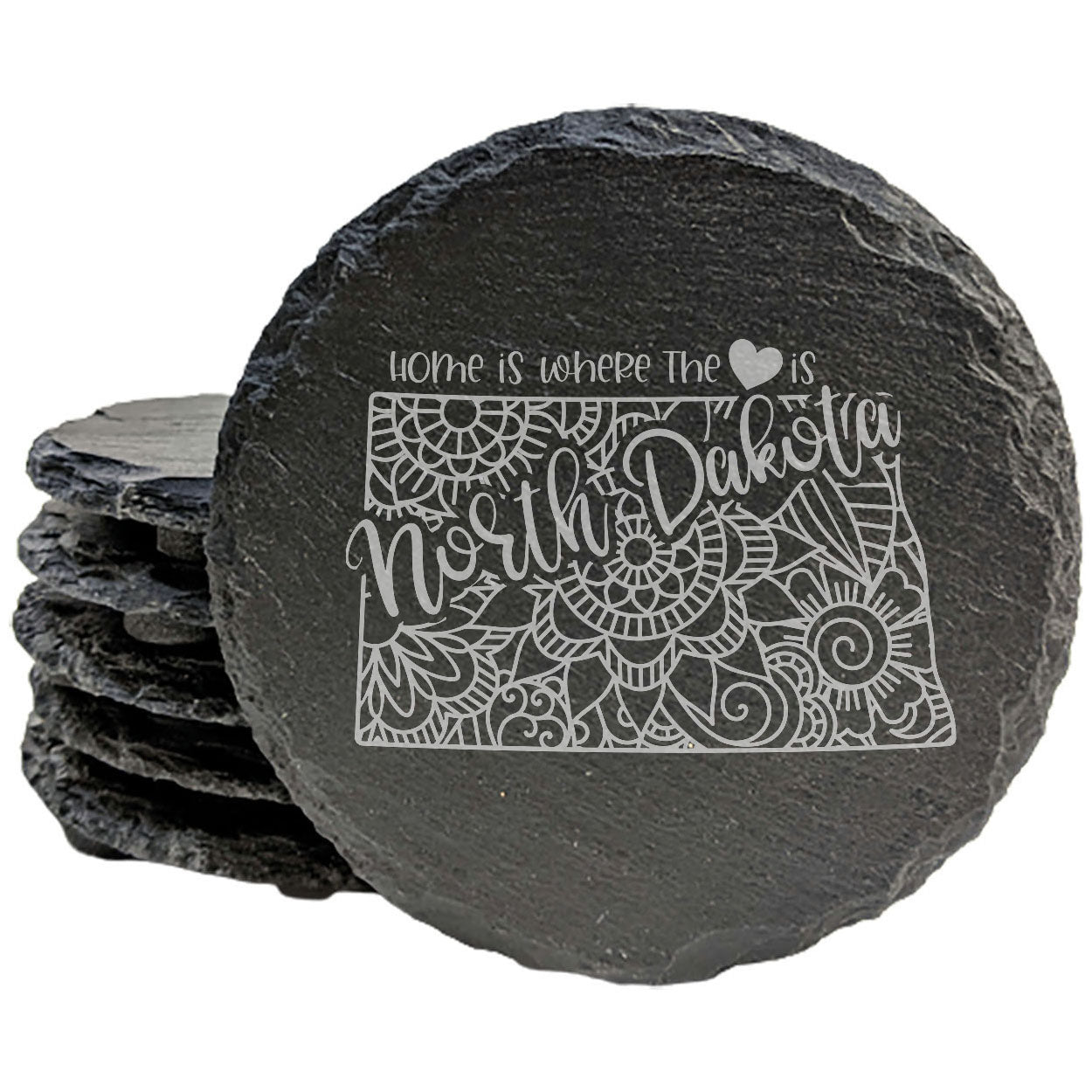 Rustic Slate Coasters Set of 4, Round 4" with North Dakota Mandala Design, 'Home is where the heart is' Quote, Perfect Gift for Holidays, Birthdays, Housewarming, Made in Oregon, USA