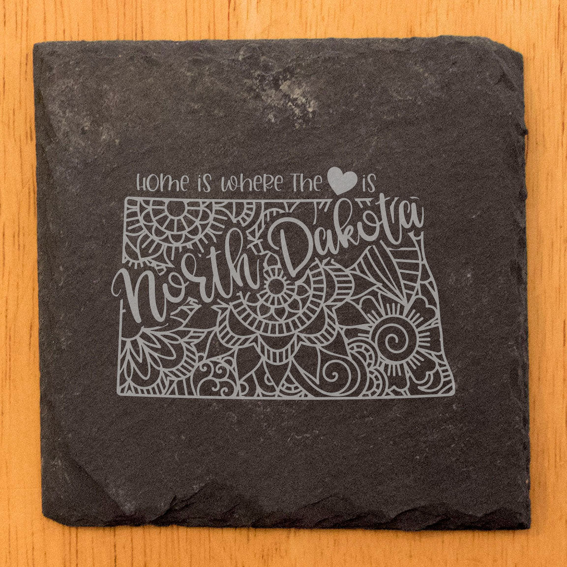 Rustic Slate Coasters Set of 4, Round 4" with North Dakota Mandala Design, 'Home is where the heart is' Quote, Perfect Gift for Holidays, Birthdays, Housewarming, Made in Oregon, USA