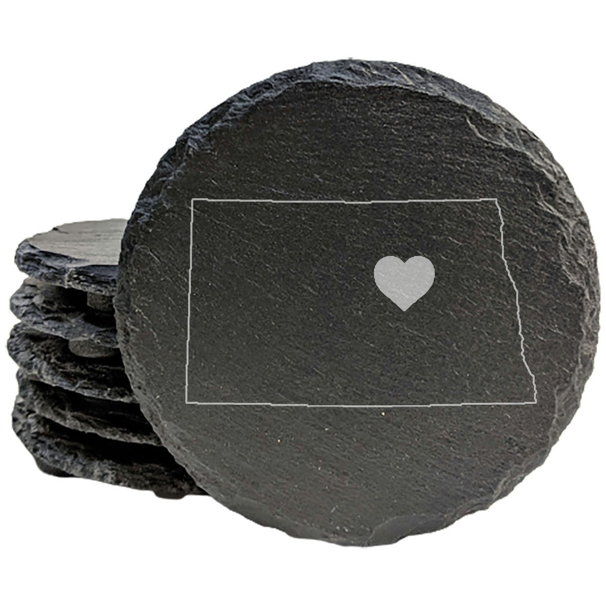 Rustic Slate Coasters Set of 4, Round 4" with North Dakota Heart Design, Laser Etched, Perfect for Holidays, Birthdays, Housewarming, She-Shed, Man Cave, Made in Oregon, USA,