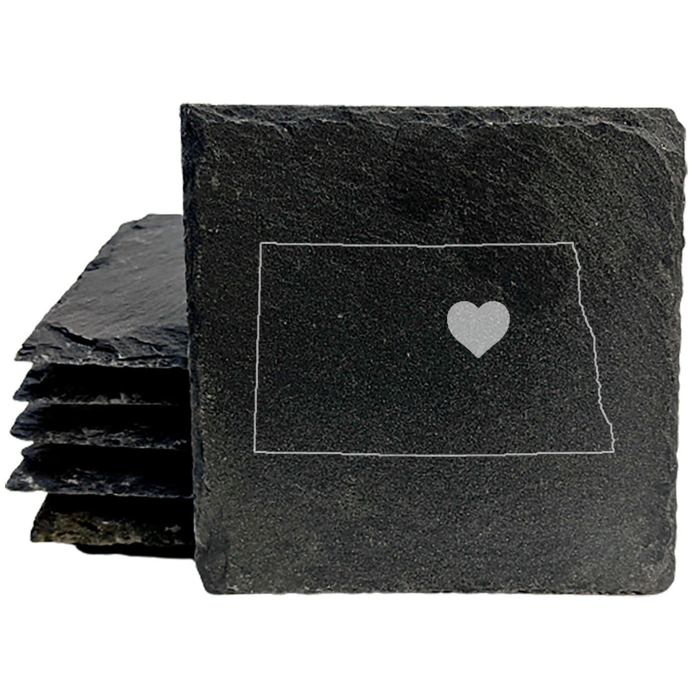Rustic Slate Coasters Set of 4, Round 4" with North Dakota Heart Design, Laser Etched, Perfect for Holidays, Birthdays, Housewarming, She-Shed, Man Cave, Made in Oregon, USA,