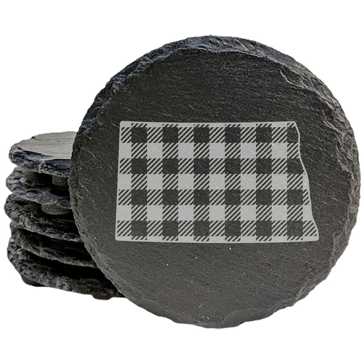 Rustic Slate Coasters Set of 4, Round 4" with North Dakota Plaid Design, Perfect for Holidays, Birthdays, Housewarming Gifts, She-Shed or Man Cave, Made in Oregon, USA, Natural Chipped Edge