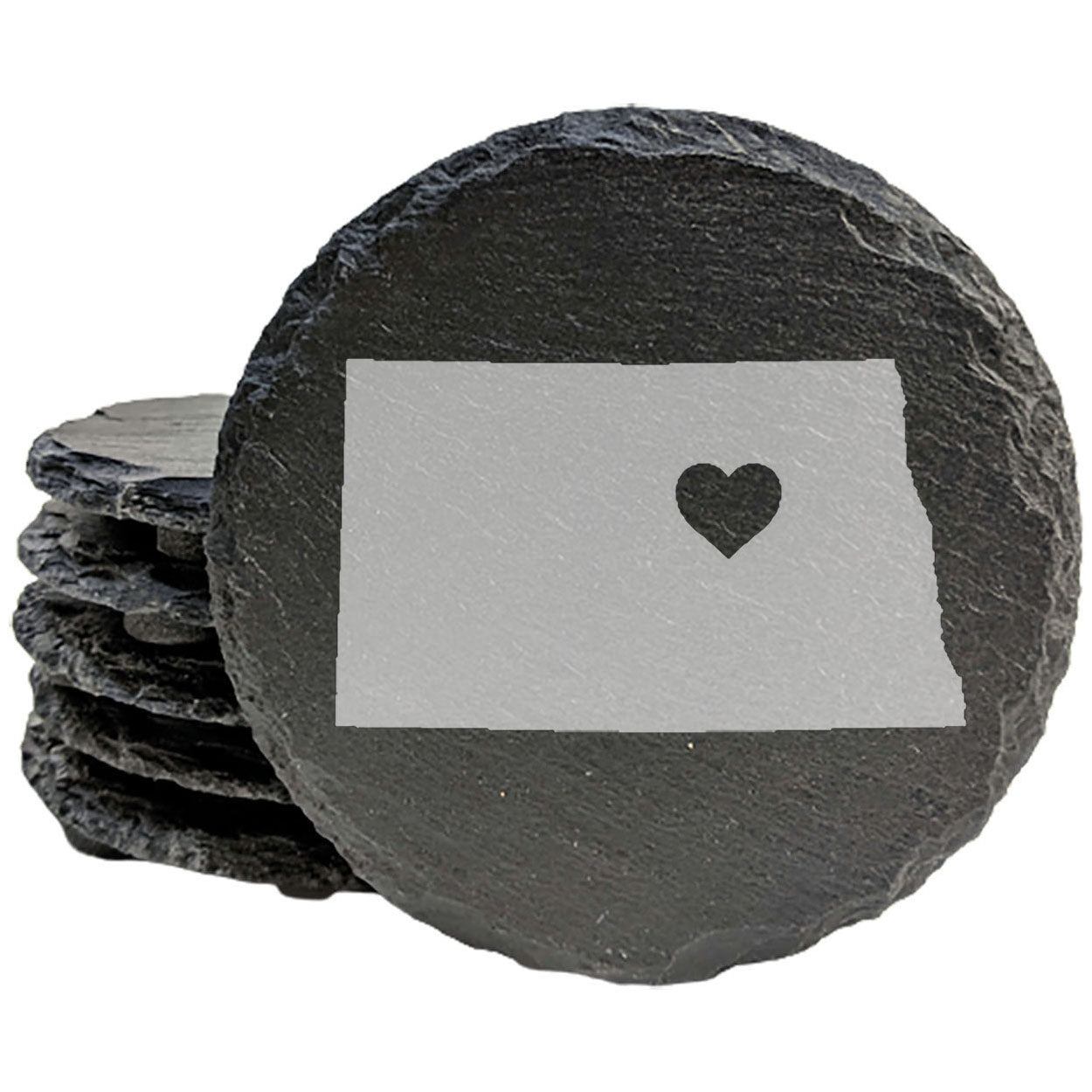 Rustic Slate Coasters Set of 4, Round 4" with North Dakota Heart Design, Perfect for Holidays, Birthdays, Housewarming Gifts, She-Shed or Man Cave, Made in Oregon, USA, Natural Chipped Edge