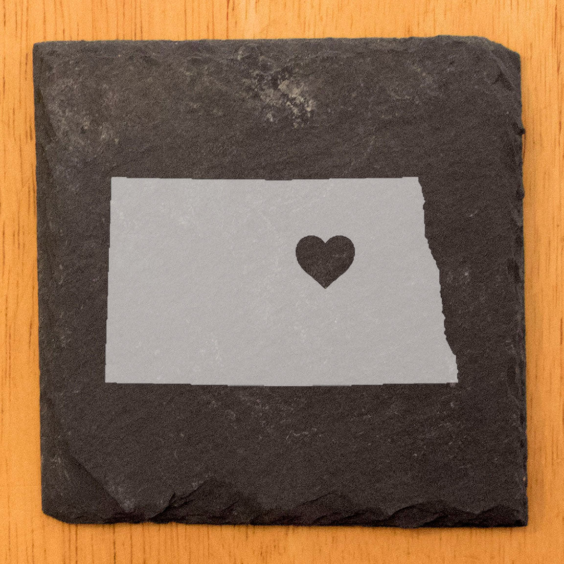 Rustic Slate Coasters Set of 4, Round 4" with North Dakota Heart Design, Perfect for Holidays, Birthdays, Housewarming Gifts, She-Shed or Man Cave, Made in Oregon, USA, Natural Chipped Edge
