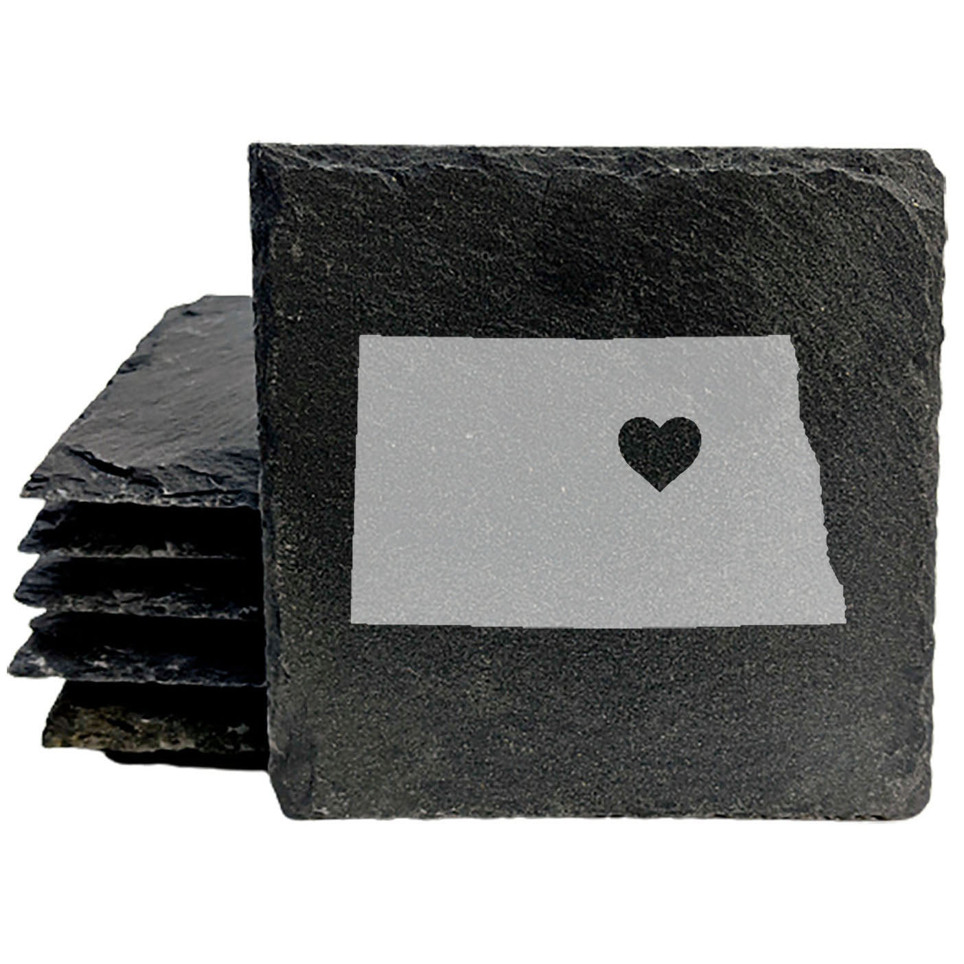 Rustic Slate Coasters Set of 4, Round 4" with North Dakota Heart Design, Perfect for Holidays, Birthdays, Housewarming Gifts, She-Shed or Man Cave, Made in Oregon, USA, Natural Chipped Edge