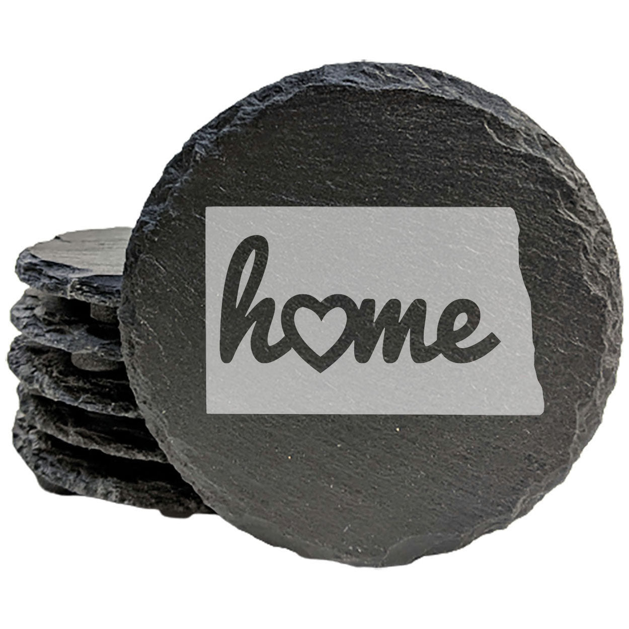 Rustic Slate Coasters Set of 4 - North Dakota 'Home' Design with Heart - Perfect Gift for Holidays, Birthdays, Housewarming - 4" Round, Natural Chipped Edge, Rubber Feet - Made in Oregon, USA