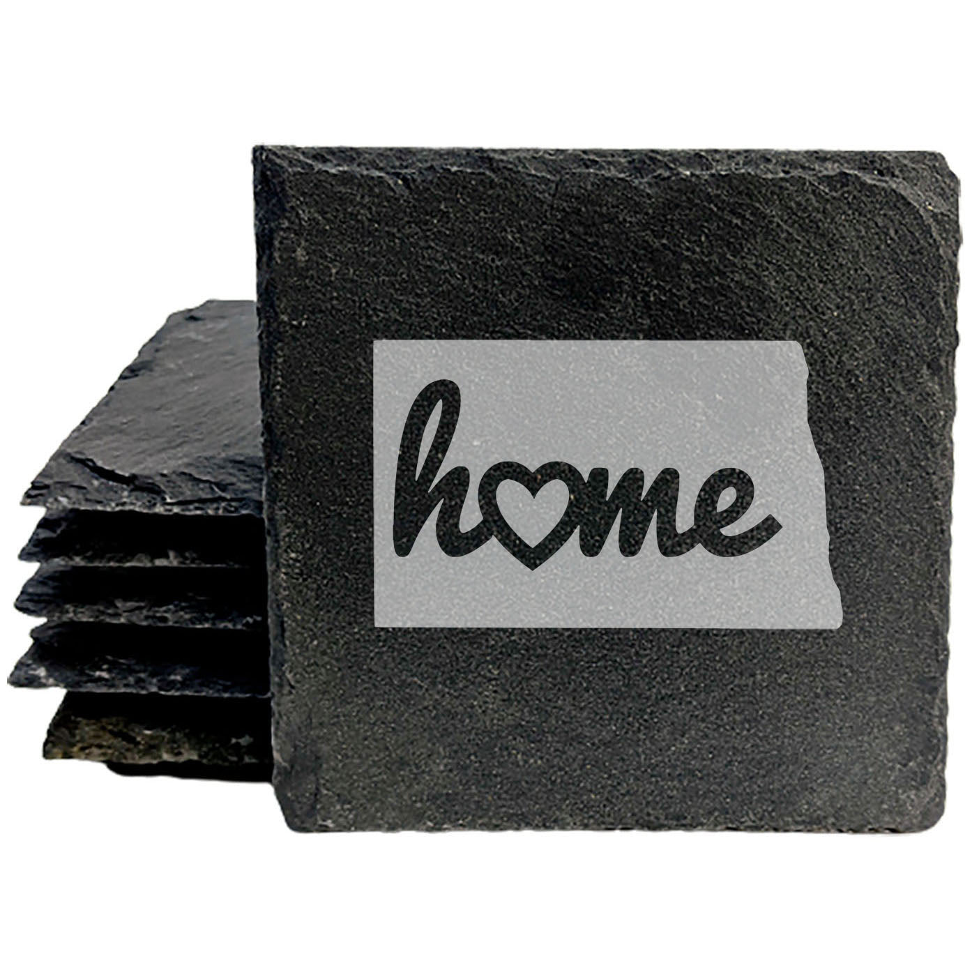 Rustic Slate Coasters Set of 4 - North Dakota 'Home' Design with Heart - Perfect Gift for Holidays, Birthdays, Housewarming - 4" Round, Natural Chipped Edge, Rubber Feet - Made in Oregon, USA