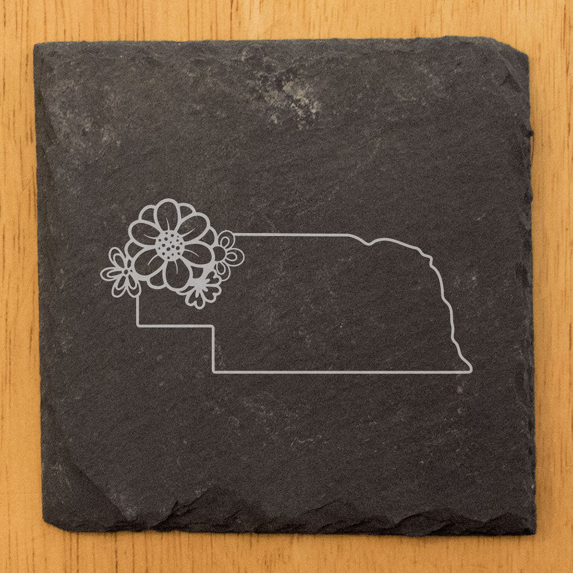 Rustic Slate Coasters Set of 4 - Nebraska Design with Flower, 4" Round/Square, Natural Chipped Edge, Rubber Feet, - Perfect for Holidays, Birthdays, Housewarming - Made in USA