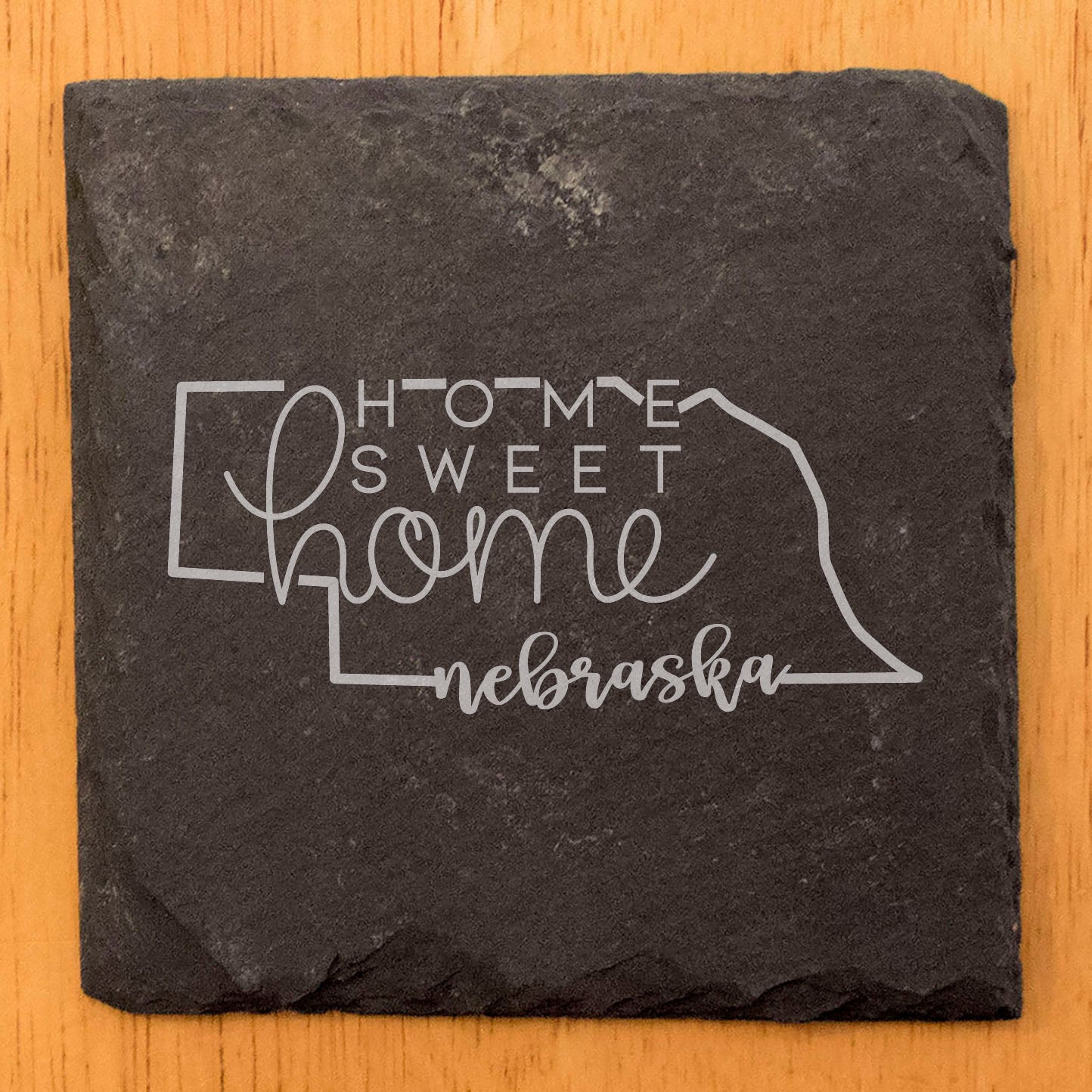 Rustic Slate Coasters Set of 4, Laser Etched Nebraska Design, 'Home Sweet Home' - Perfect Gift for Holidays, Birthdays, Housewarming - 4" Round, Natural Chipped Edge, Made in Oregon, USA
