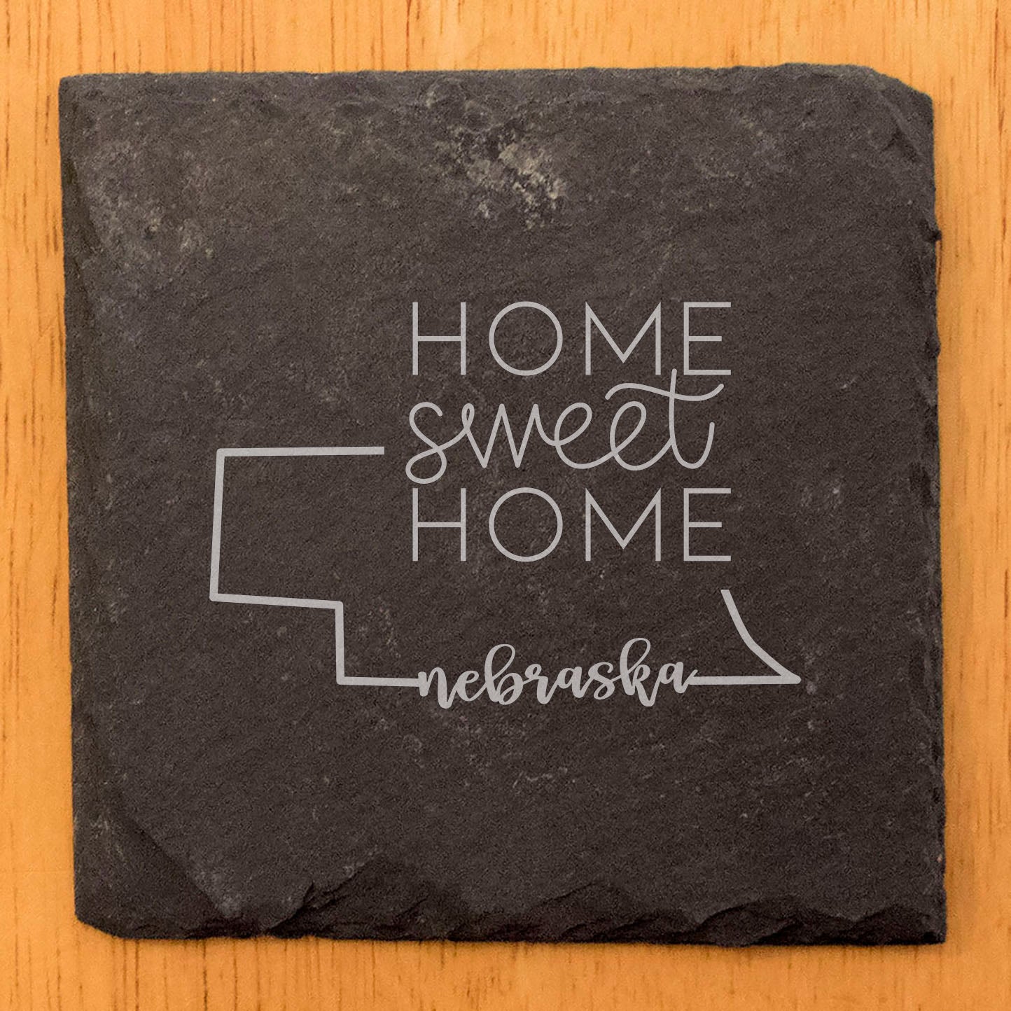 Rustic Slate Coasters Set of 4, Round 4" with Nebraska 'Home Sweet Home' Design, Laser Etched, Perfect for Holidays, Birthdays, Housewarming Gifts, Made in Oregon, USA, Natural Chipped Edge