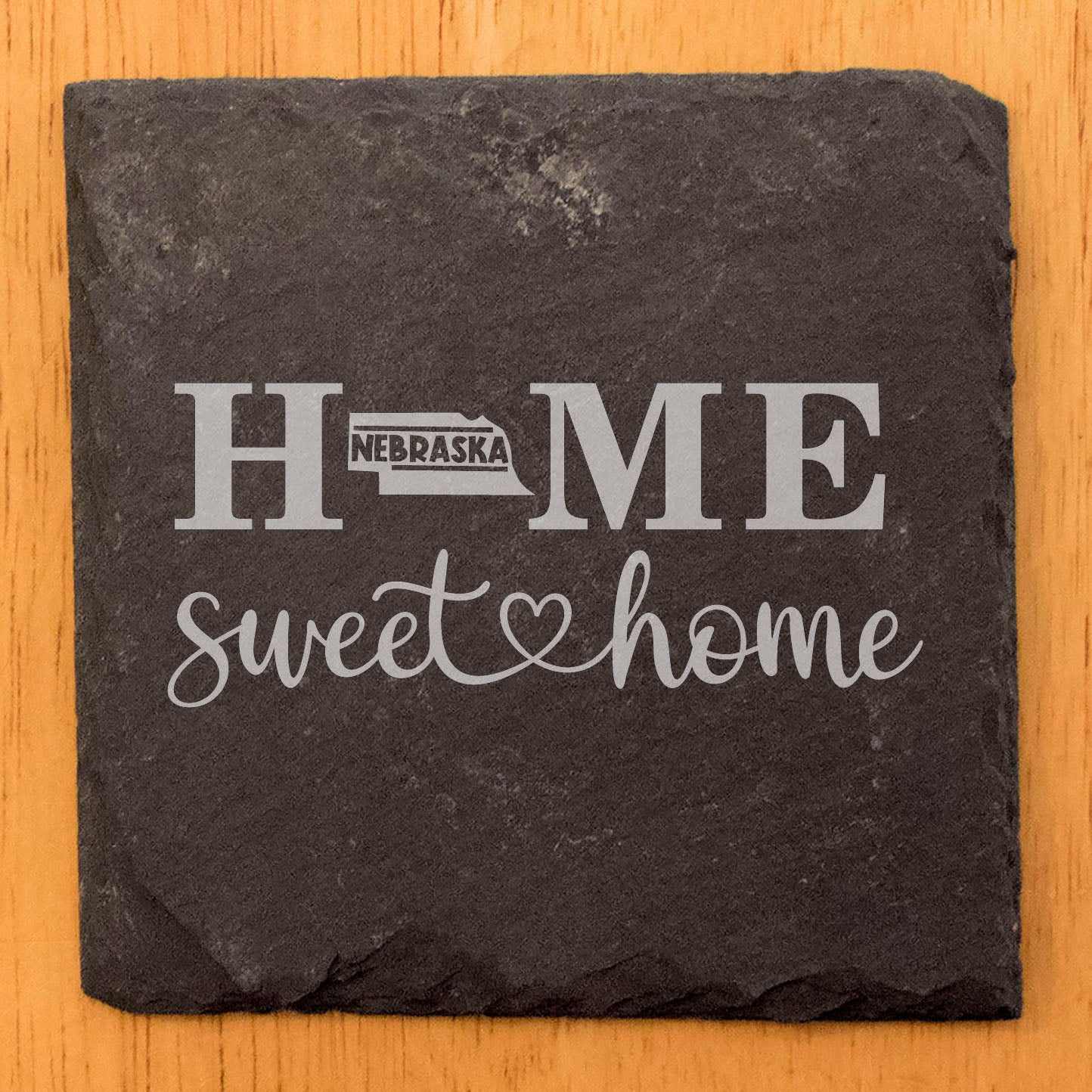 Rustic Slate Coasters Set of 4, Laser Etched 'HOME SWEET HOME' Design, Nebraska State Shape, Perfect Gift for Holidays, Birthdays, Housewarming, Made in Oregon, USA, 4" Round, Natural Edge