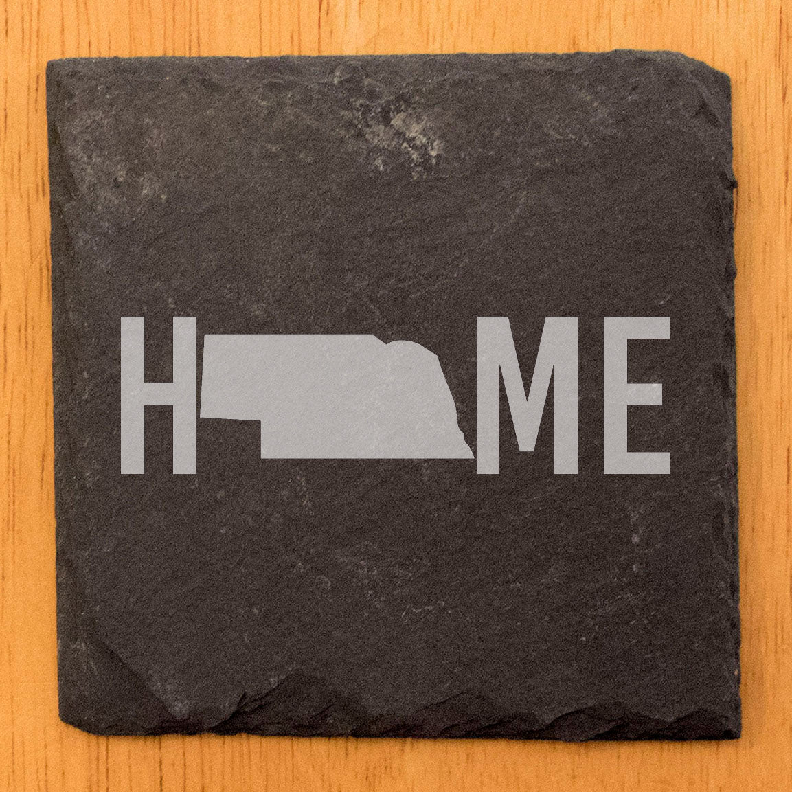 Rustic Slate Coasters Set of 4 - Laser Etched 'HOME' Design with Nebraska State - Perfect Gift for Holidays, Birthdays, Housewarming - 4" Round, Natural Chipped Edge, Made in Oregon, USA