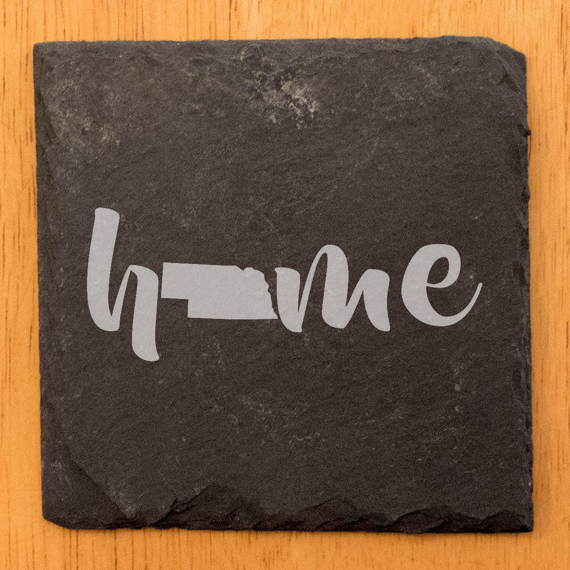 Rustic Slate Coasters Set of 4 - Laser Etched 'Home' Design with Nebraska State - Perfect Gift for Holidays, Birthdays, Housewarming - 4" Round/Square - Made in Oregon, USA - Natural Chipped Edge