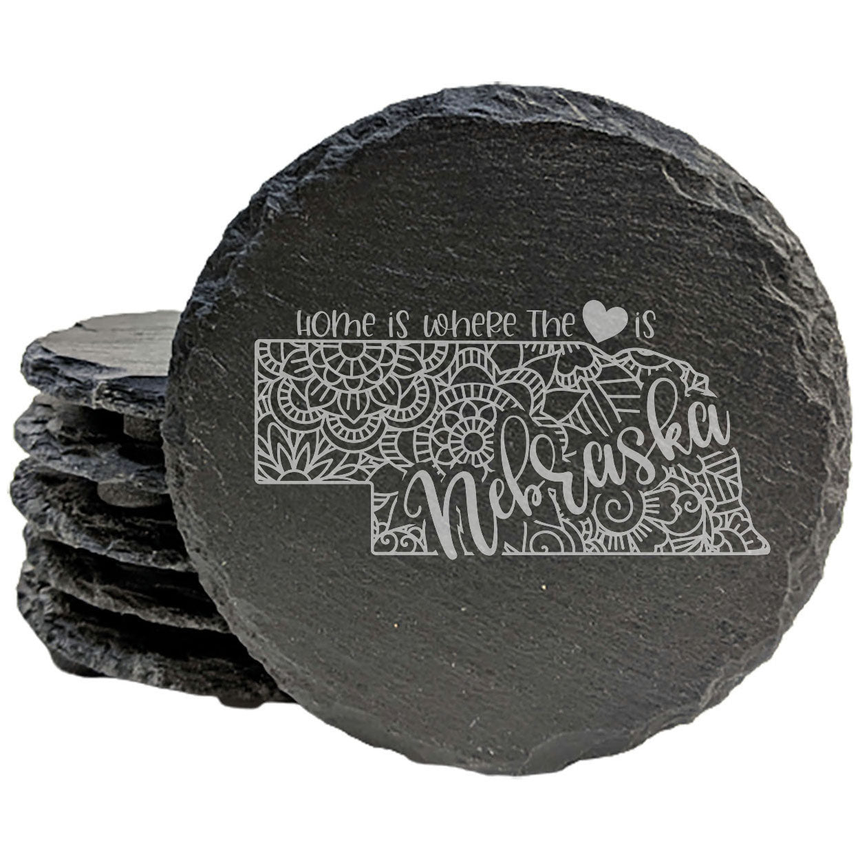 Rustic Slate Coasters Set of 4, Laser Etched Nebraska Mandala Design, 'Home is Where the Heart Is' - Perfect Gift for Holidays, Birthdays, Housewarming - Made in Oregon, USA - Round 4" Diameter