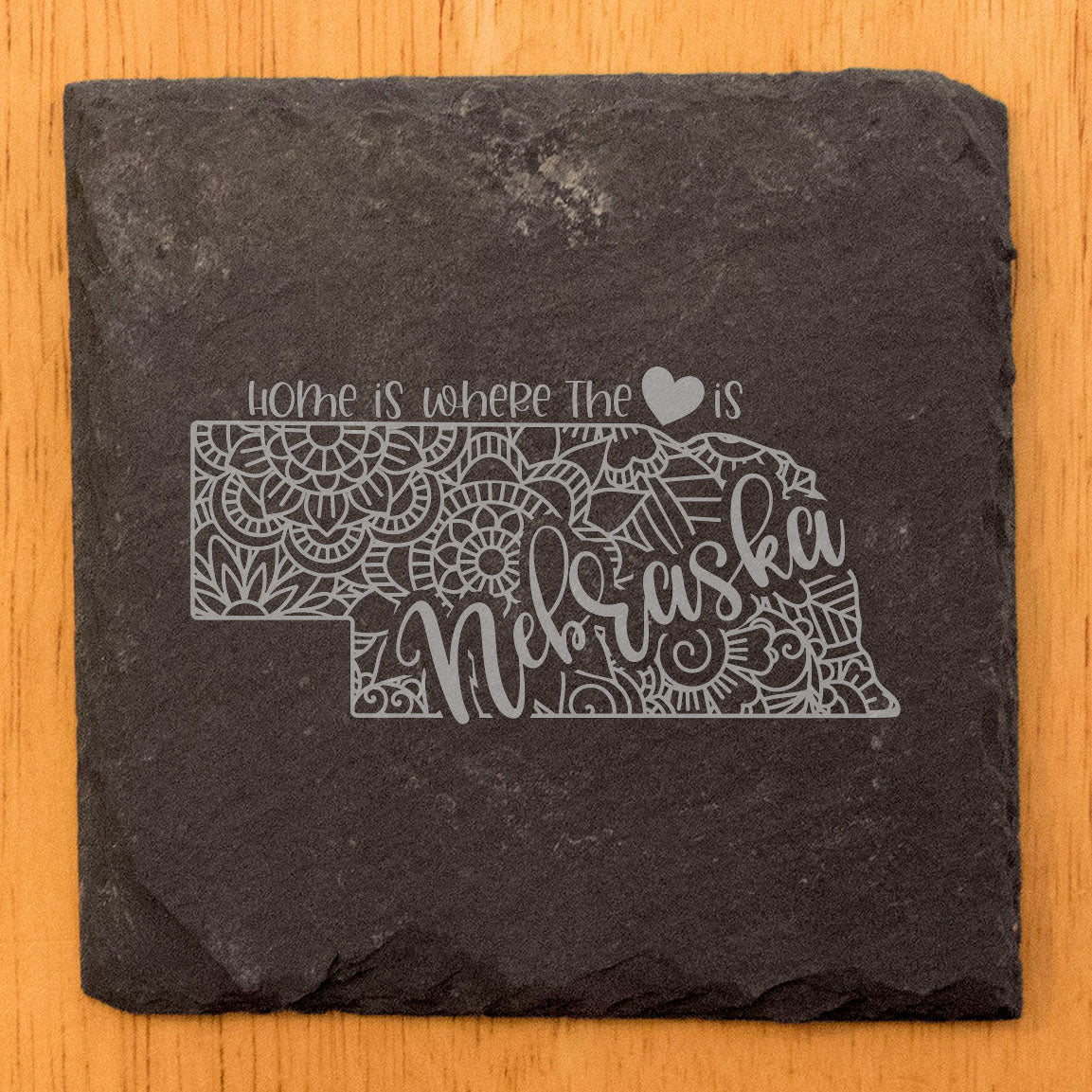 Rustic Slate Coasters Set of 4, Laser Etched Nebraska Mandala Design, 'Home is Where the Heart Is' - Perfect Gift for Holidays, Birthdays, Housewarming - Made in Oregon, USA - Round 4" Diameter
