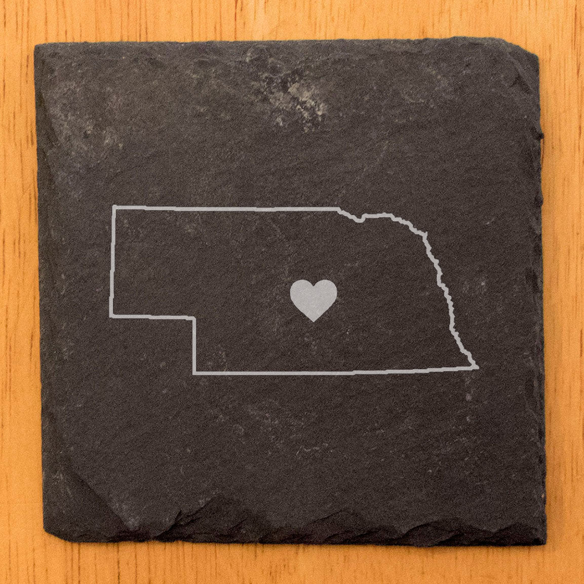 Rustic Slate Coasters Set of 4, Laser Etched Nebraska Heart Design, 4" Round, Natural Chipped Edge, Rubber Feet, Perfect Gift for Holidays, Birthdays, Housewarming, Made in Oregon, USA