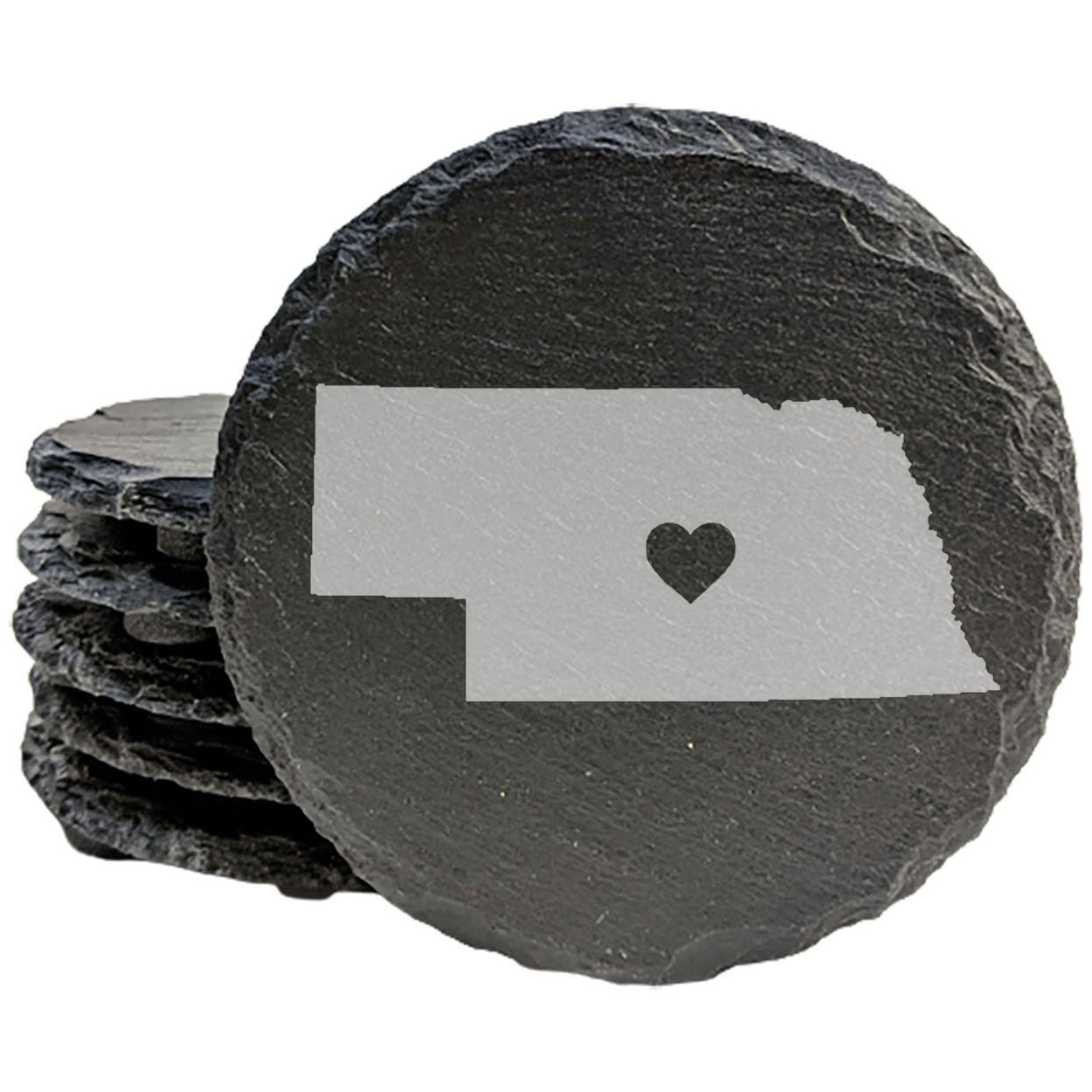 Rustic Slate Coasters Set of 4, Laser Etched Nebraska Design, Perfect for Holidays, Birthdays, Housewarming Gifts, 4" Round, Natural Chipped Edge, Rubber Feet, Made in Oregon, USA, Small Business