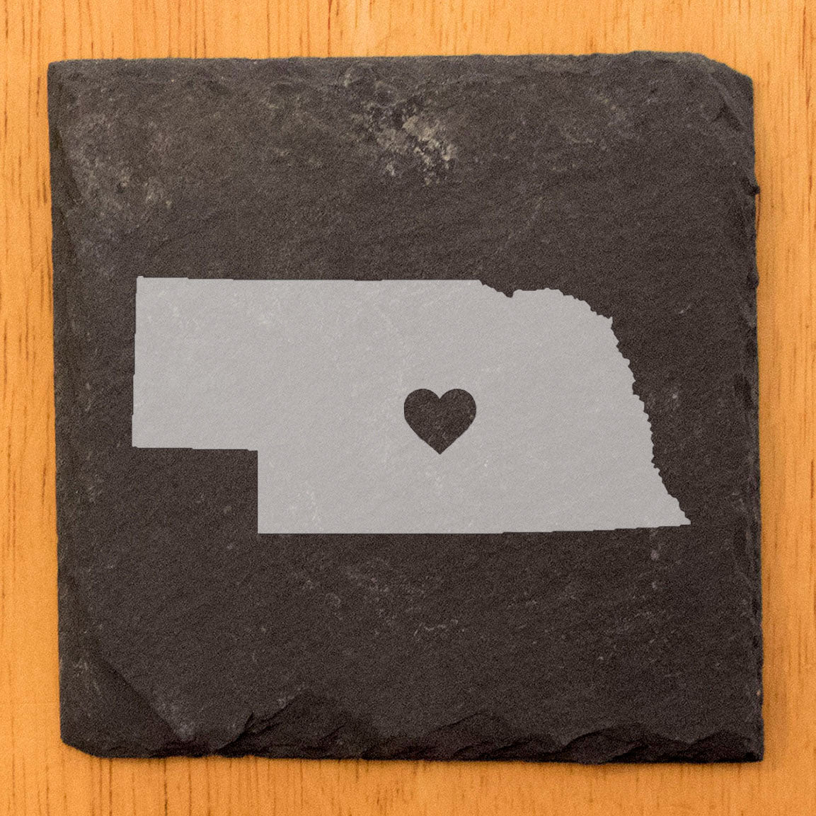 Rustic Slate Coasters Set of 4, Laser Etched Nebraska Design, Perfect for Holidays, Birthdays, Housewarming Gifts, 4" Round, Natural Chipped Edge, Rubber Feet, Made in Oregon, USA, Small Business