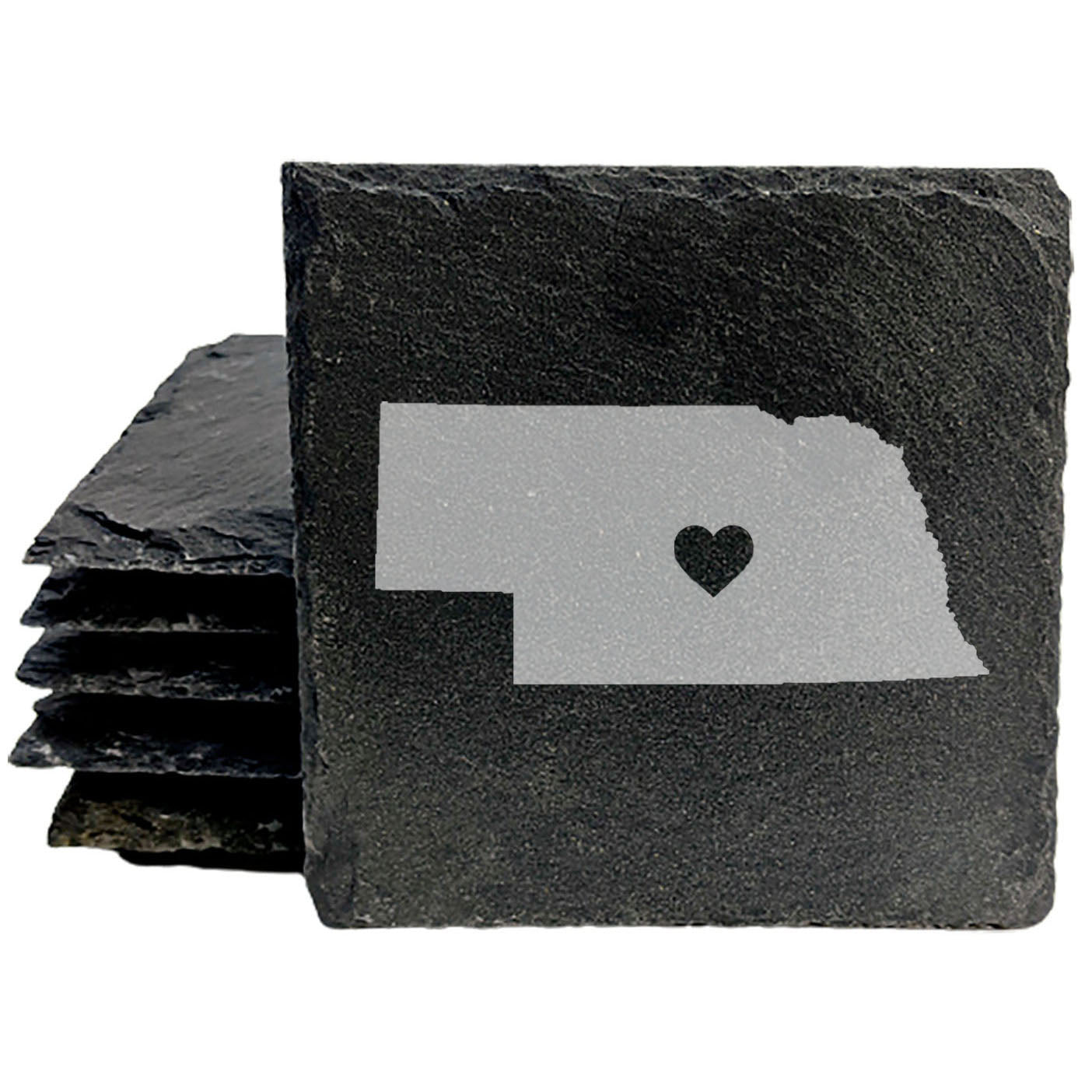 Rustic Slate Coasters Set of 4, Laser Etched Nebraska Design, Perfect for Holidays, Birthdays, Housewarming Gifts, 4" Round, Natural Chipped Edge, Rubber Feet, Made in Oregon, USA, Small Business