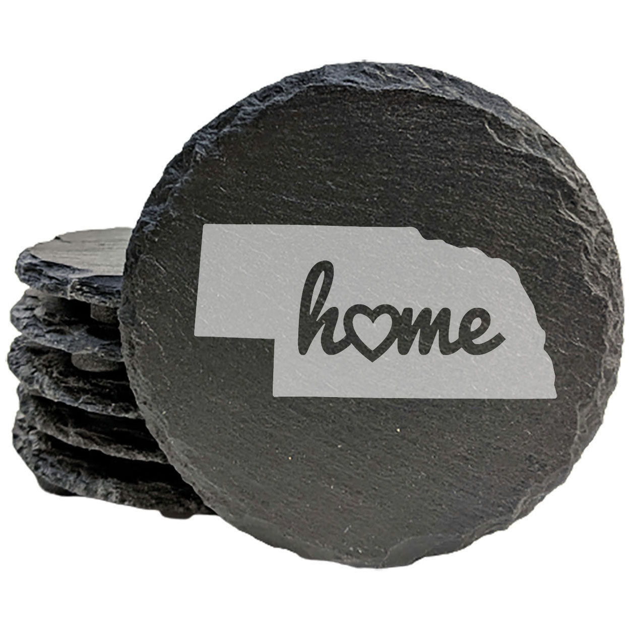 Rustic Slate Coasters Set of 4, Round 4" with Nebraska 'Home' Heart Design, Perfect for Holidays, Birthdays, Housewarming Gifts, She-Shed or Man Cave, Made in Oregon, USA, Natural Chipped Edge
