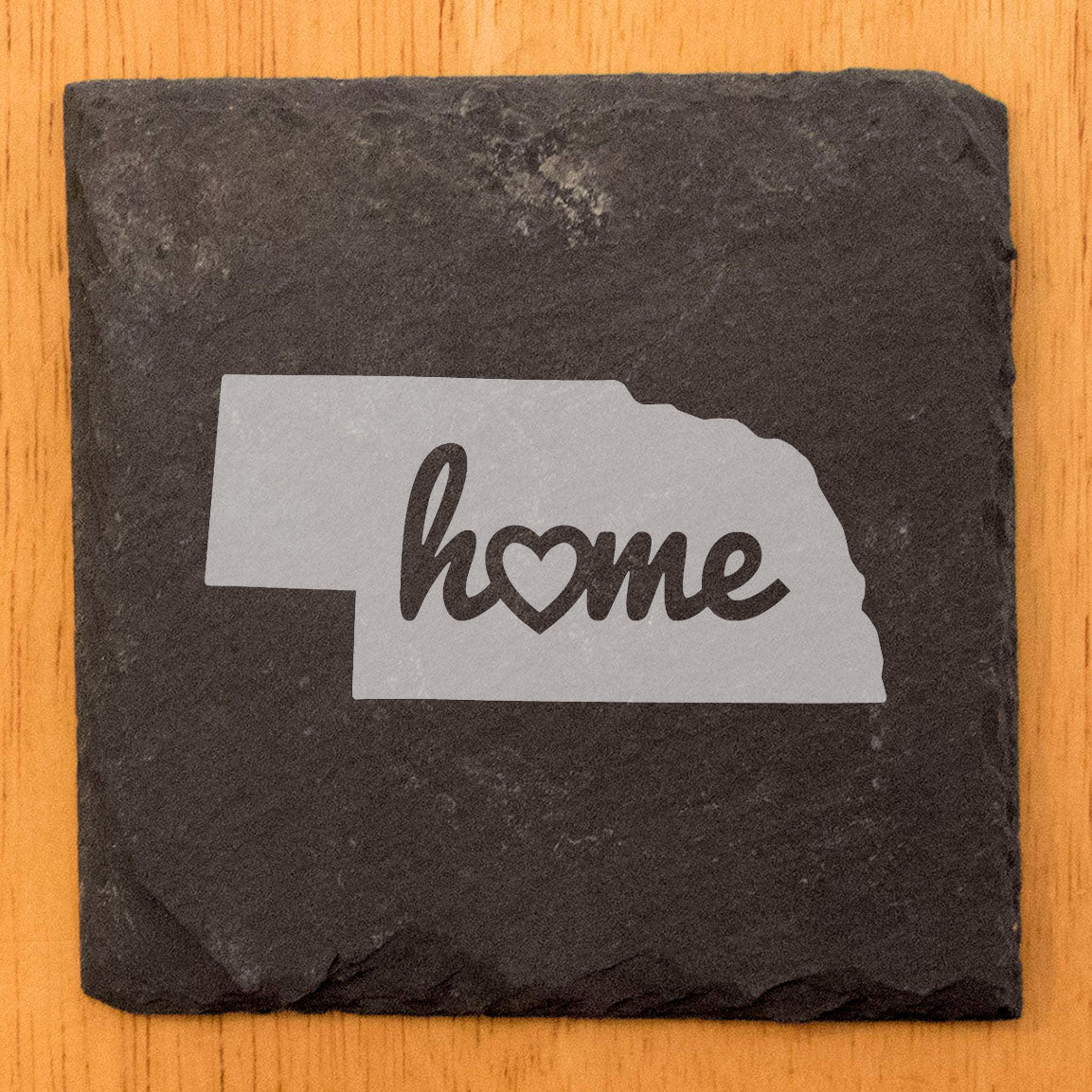 Rustic Slate Coasters Set of 4, Round 4" with Nebraska 'Home' Heart Design, Perfect for Holidays, Birthdays, Housewarming Gifts, She-Shed or Man Cave, Made in Oregon, USA, Natural Chipped Edge