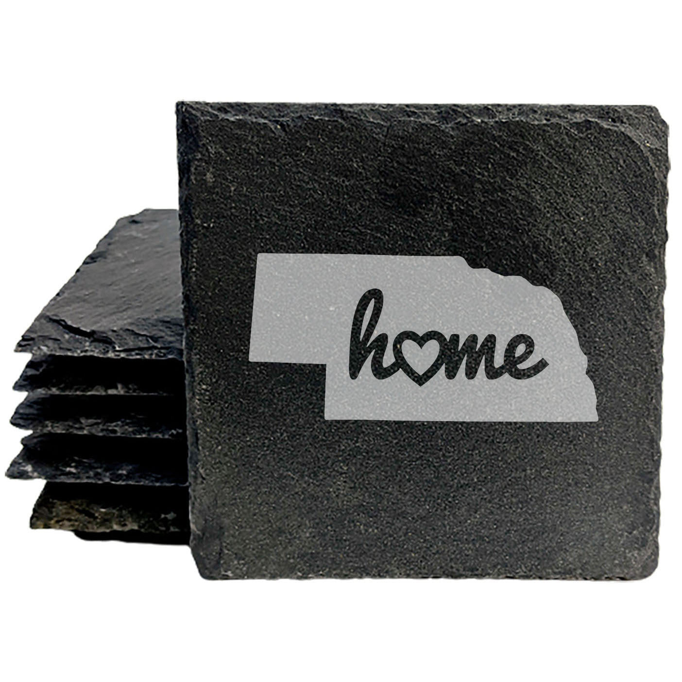 Rustic Slate Coasters Set of 4, Round 4" with Nebraska 'Home' Heart Design, Perfect for Holidays, Birthdays, Housewarming Gifts, She-Shed or Man Cave, Made in Oregon, USA, Natural Chipped Edge