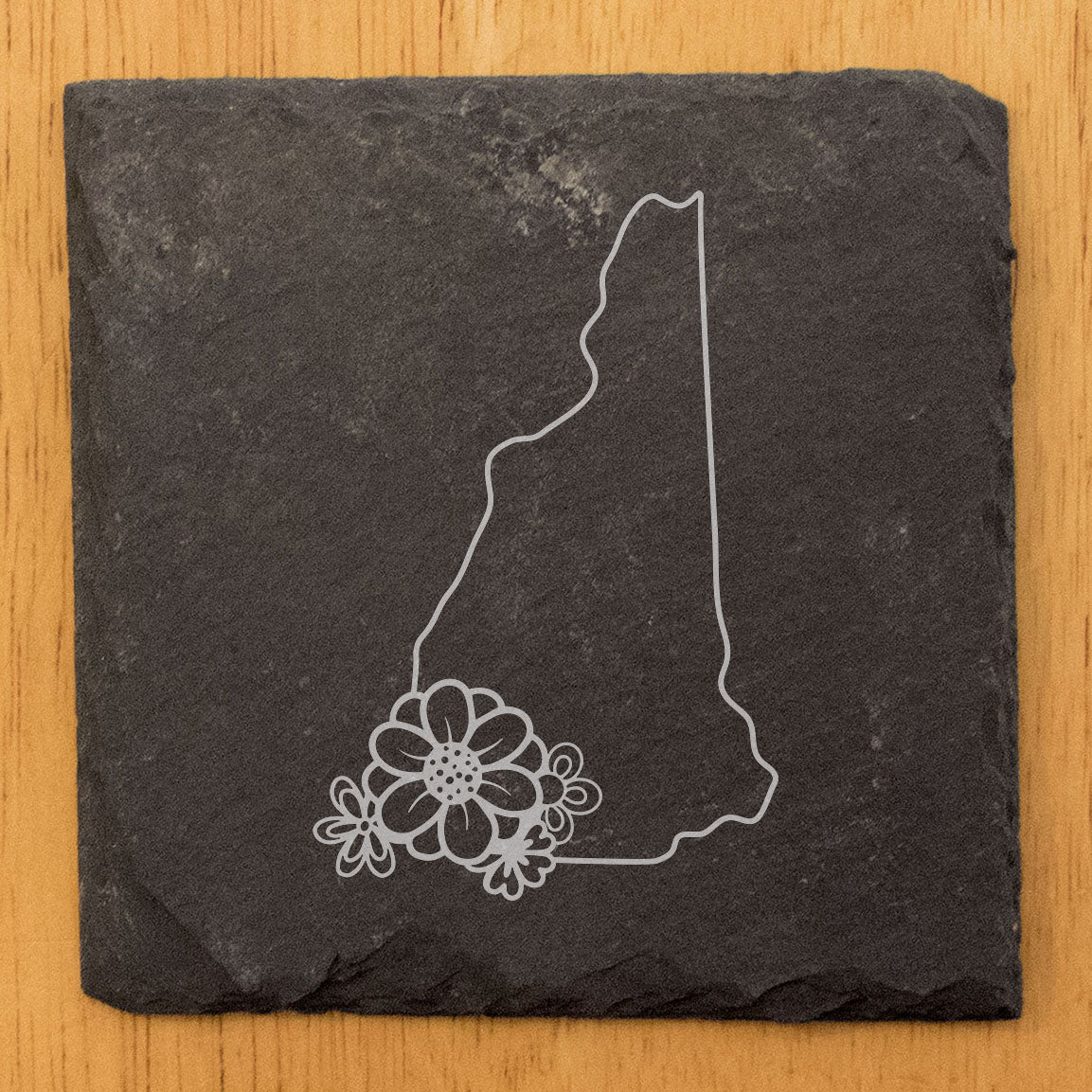 Rustic Slate Coasters Set of 4 - Laser Etched New Hampshire Design w/ Flower - Perfect Gift for Holidays, Birthdays, Housewarming - 4" Round/Square - Made in Oregon, USA - Natural Chipped Edge