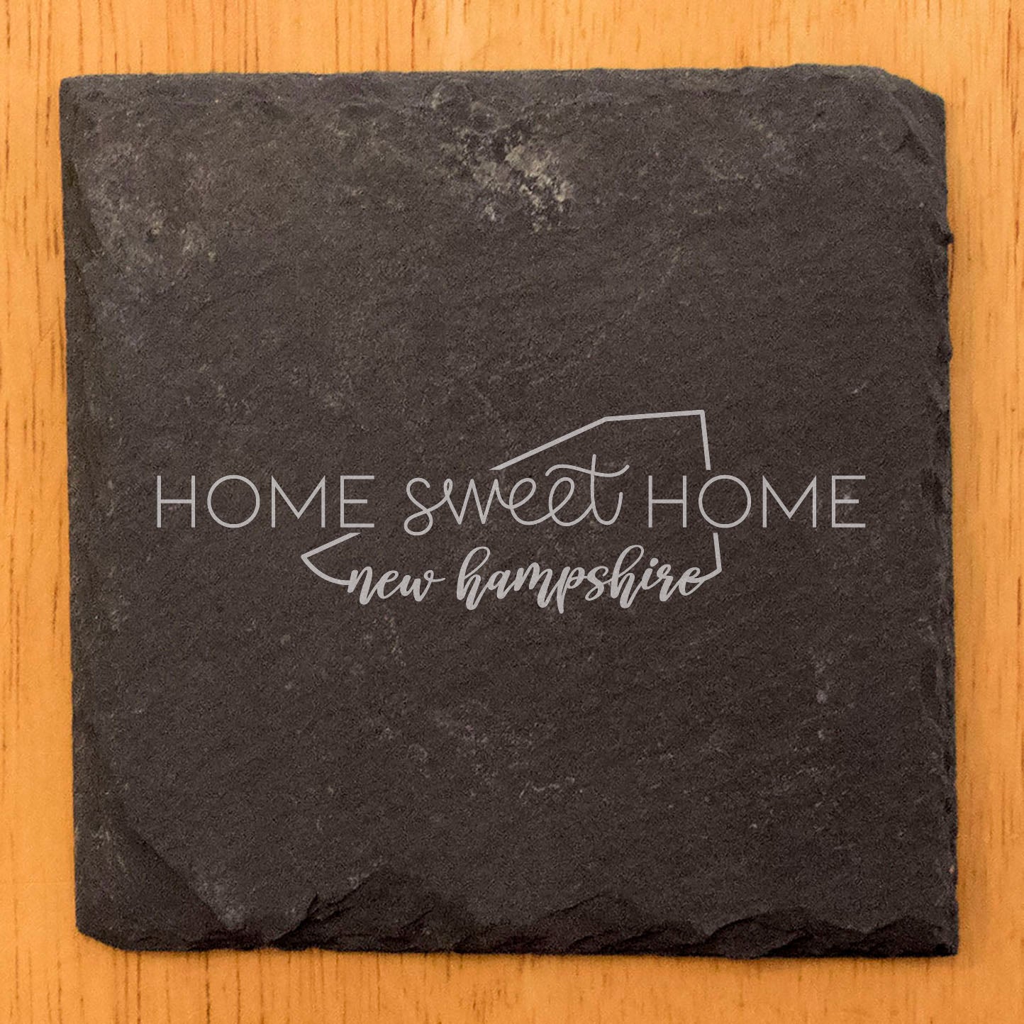 Rustic Slate Coasters Set of 4, Round 4" with 'Home Sweet Home' New Hampshire Design, Perfect for Holidays, Birthdays, Housewarming Gifts, Made in Oregon, USA, Natural Chipped Edge, Rubber Feet