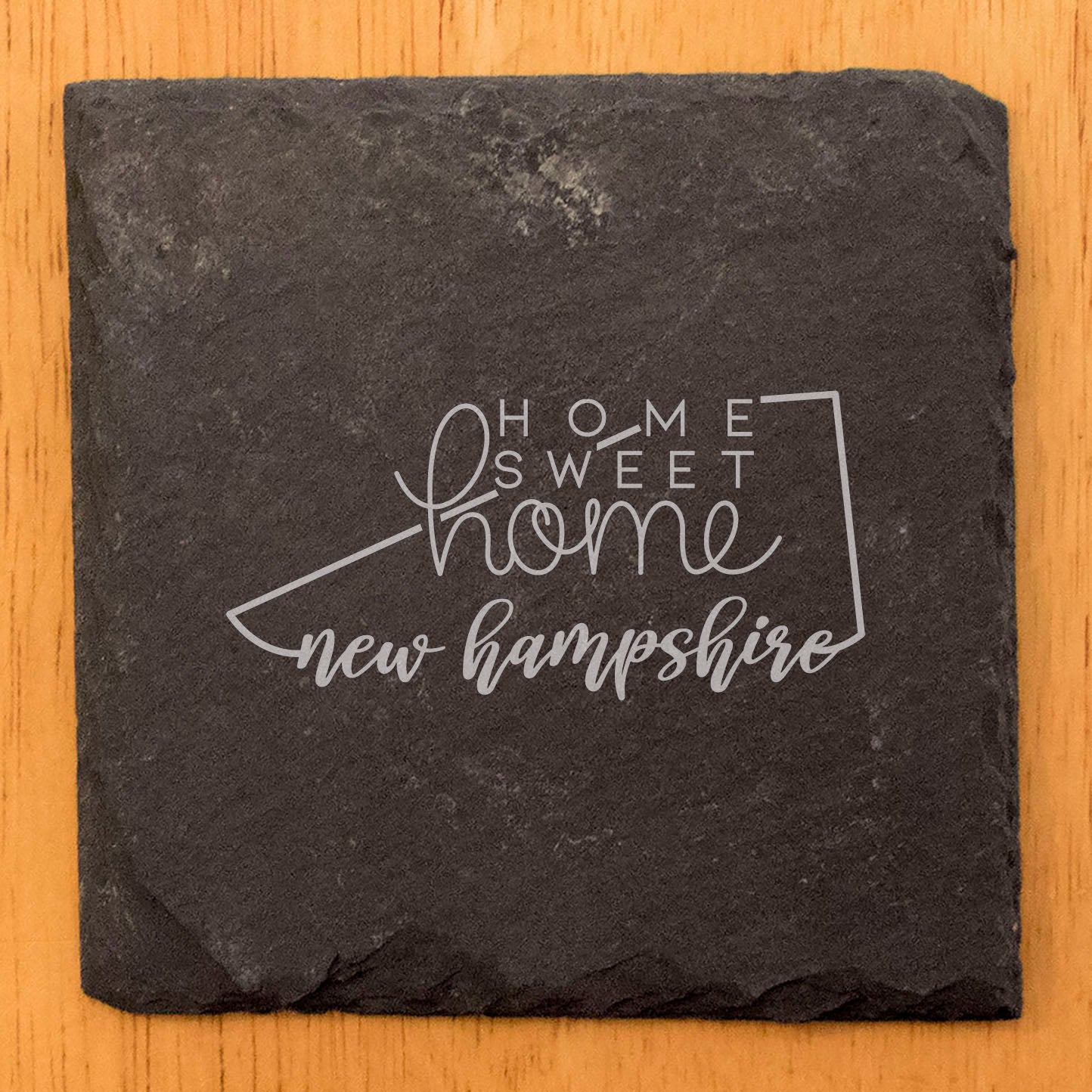 Rustic Slate Coasters Set of 4, Round 4" with New Hampshire 'Home Sweet Home' Design, Laser Etched, Perfect for Holidays, Birthdays, Housewarming, She-Shed, Man Cave, Made in Oregon, USA