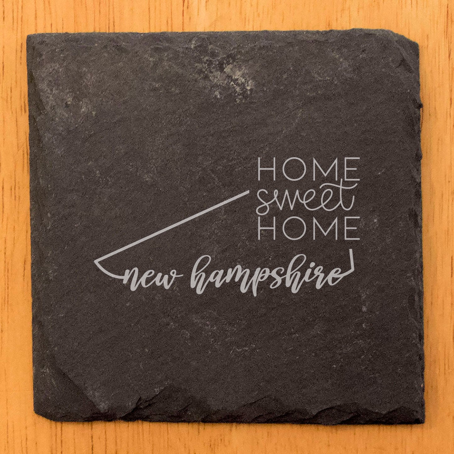 Rustic Slate Coasters Set of 6, Square 4" with New Hampshire 'Home Sweet Home' Design, Perfect for Holidays, Birthdays, Housewarming Gifts, Made in Oregon, USA, Natural Chipped Edge, Rubber Feet
