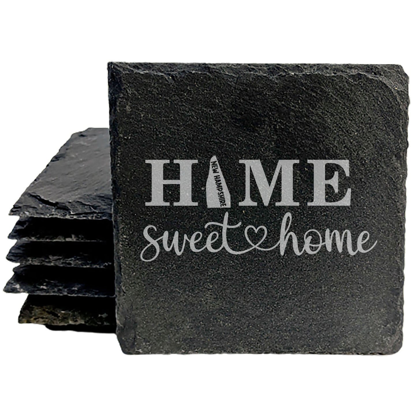 Rustic Slate Coasters Set of 4, Laser Etched 'HOME SWEET HOME' Design, Perfect Gift for Holidays, Birthdays, Housewarming, She-Shed, Man Cave, Made in Oregon, USA, 4" Round, Natural Chipped Edge