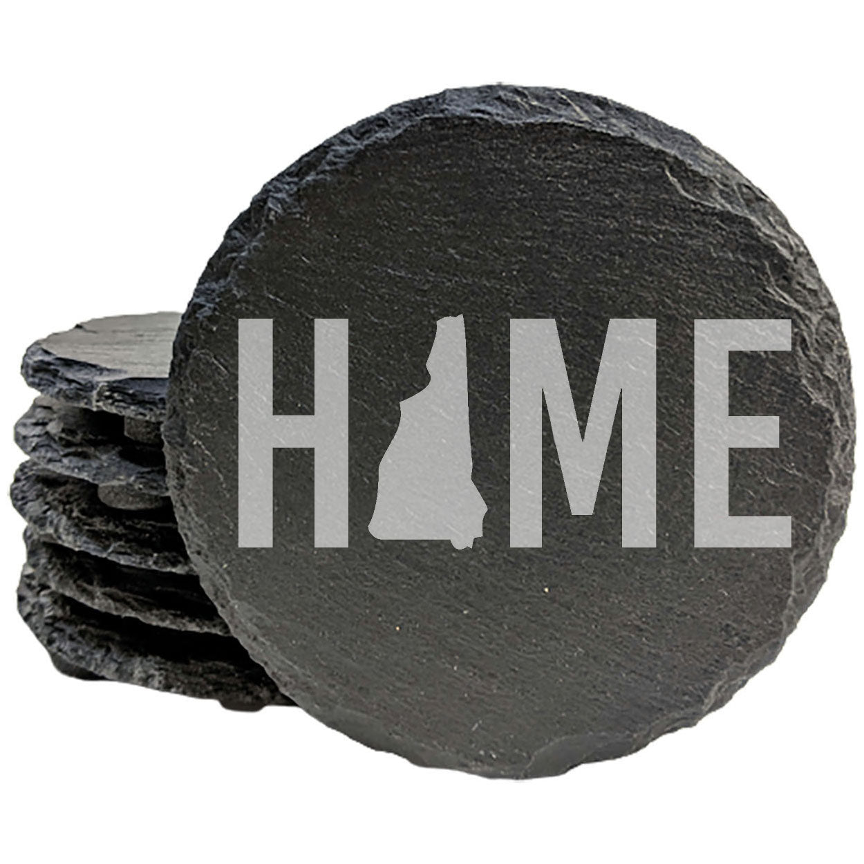 Rustic Slate Coasters Set of 4 - Laser Etched 'HOME' Design with New Hampshire State - Perfect Gift for Holidays, Birthdays, Housewarming - 4" Round, Natural Chipped Edge, Made in USA