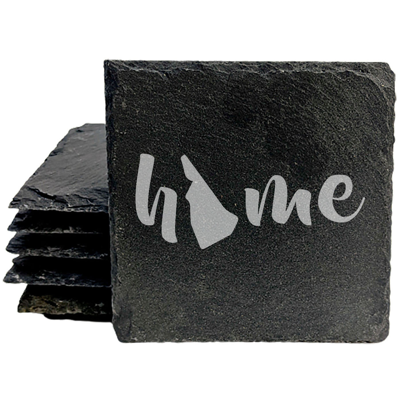 Rustic Slate Coasters Set of 4 - Laser Etched 'Home' Design with New Hampshire State - Perfect Gift for Holidays, Birthdays, Housewarming - 4" Round/Square - Made in Oregon, USA - Natural Edge
