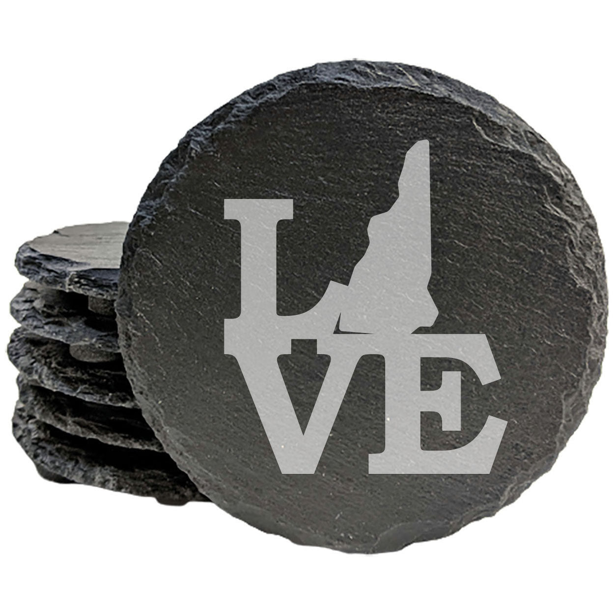 Rustic Slate Coasters Set of 4, Laser Etched 'LOVE' Design, New Hampshire State Shape, 4" Round, Natural Chipped Edge, Rubber Feet, , Perfect for She-Shed or Man Cave, Made in USA