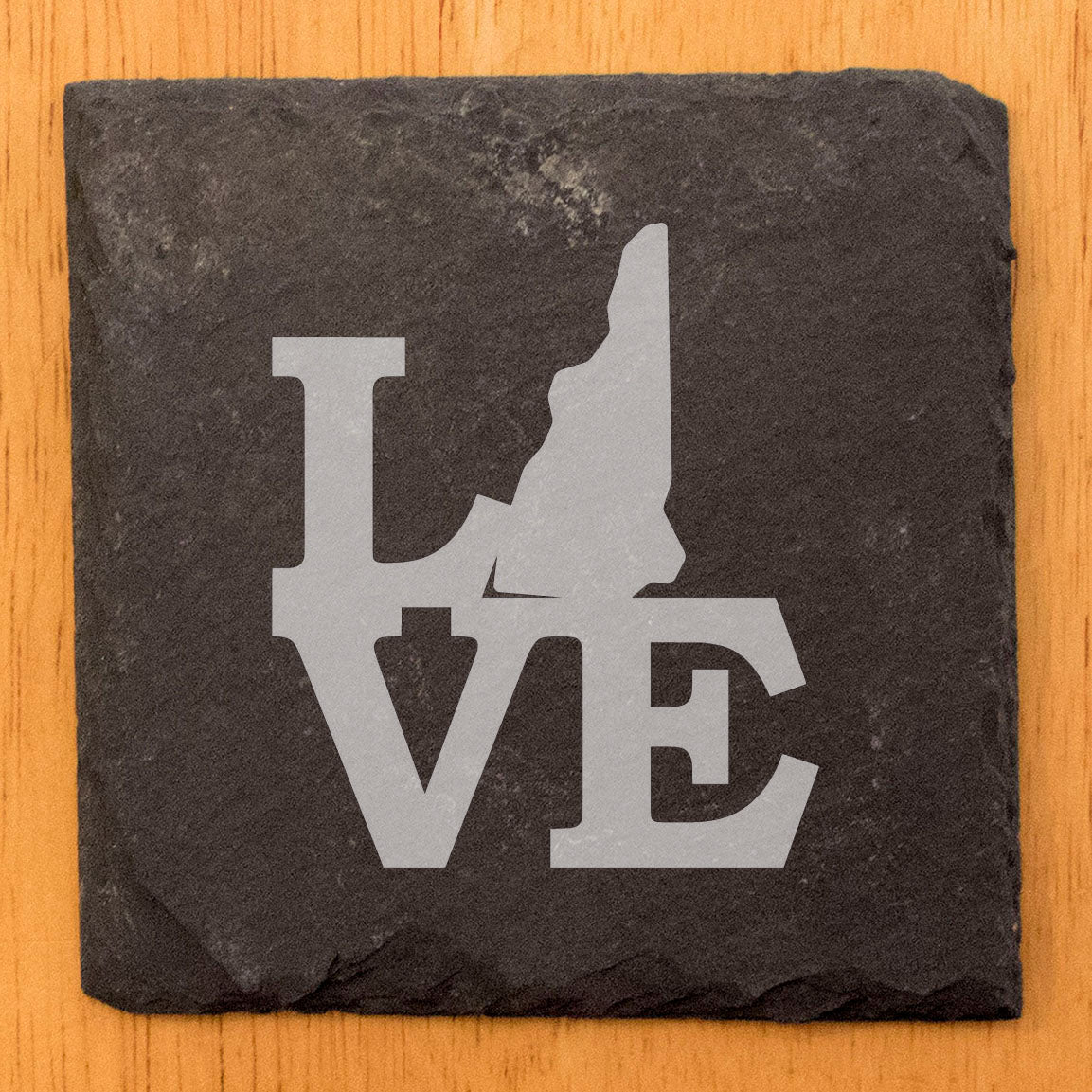 Rustic Slate Coasters Set of 4, Laser Etched 'LOVE' Design, New Hampshire State Shape, 4" Round, Natural Chipped Edge, Rubber Feet, , Perfect for She-Shed or Man Cave, Made in USA
