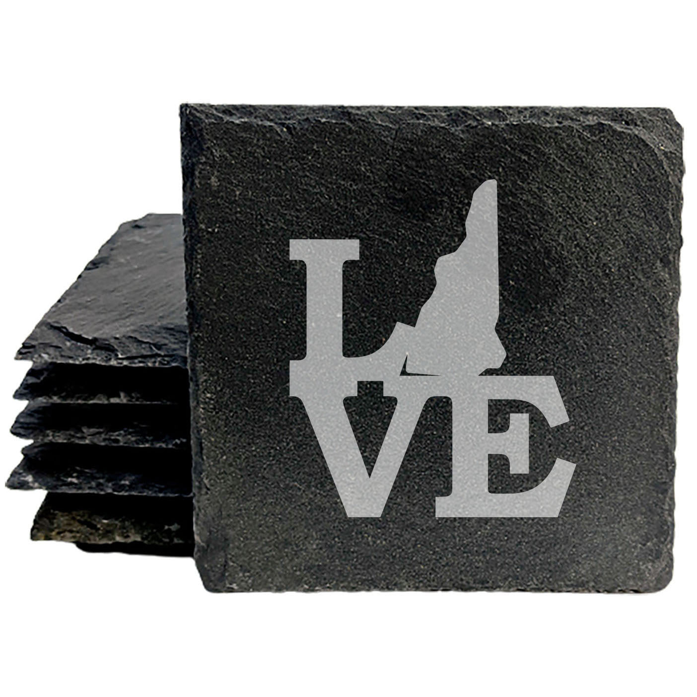 Rustic Slate Coasters Set of 4, Laser Etched 'LOVE' Design, New Hampshire State Shape, 4" Round, Natural Chipped Edge, Rubber Feet, , Perfect for She-Shed or Man Cave, Made in USA