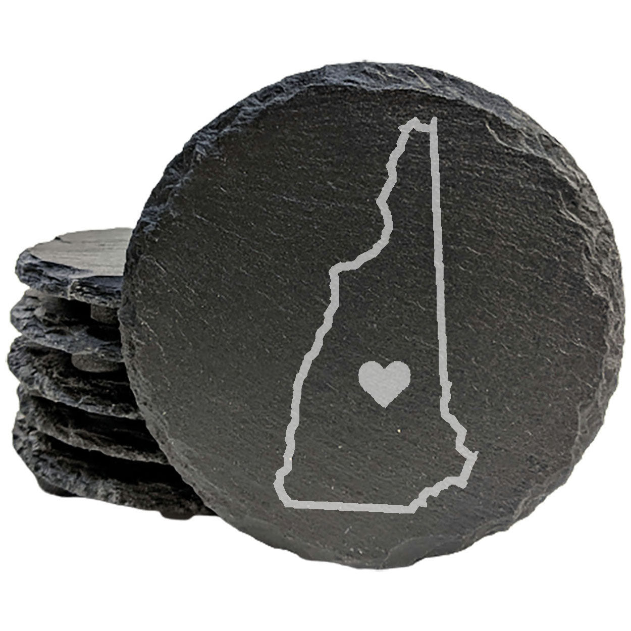 Rustic Slate Coasters Set of 4, Round 4" with New Hampshire Heart Design, Perfect for Holidays, Birthdays, Housewarming Gifts, She-Shed or Man Cave, Made in Oregon, USA, Natural Chipped Edge