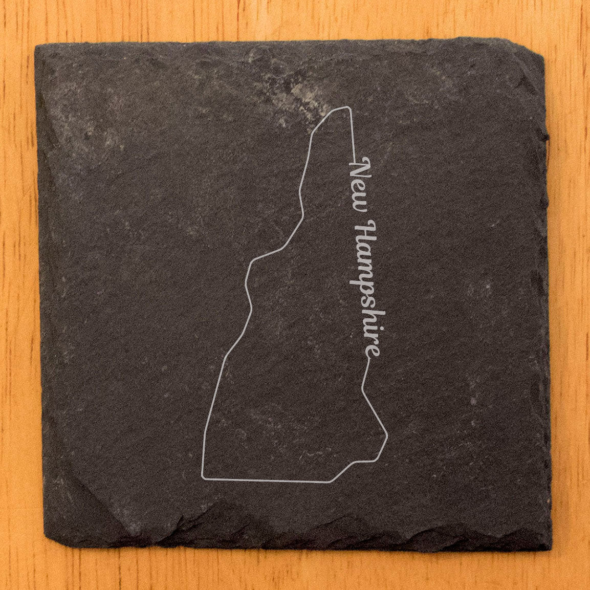 Rustic Slate Coasters Set of 4, Round 4" with New Hampshire Outline Design, Laser Etched, Perfect Gift for Holidays, Birthdays, Housewarming, Made in Oregon, USA, Natural Chipped Edge, Rubber Feet